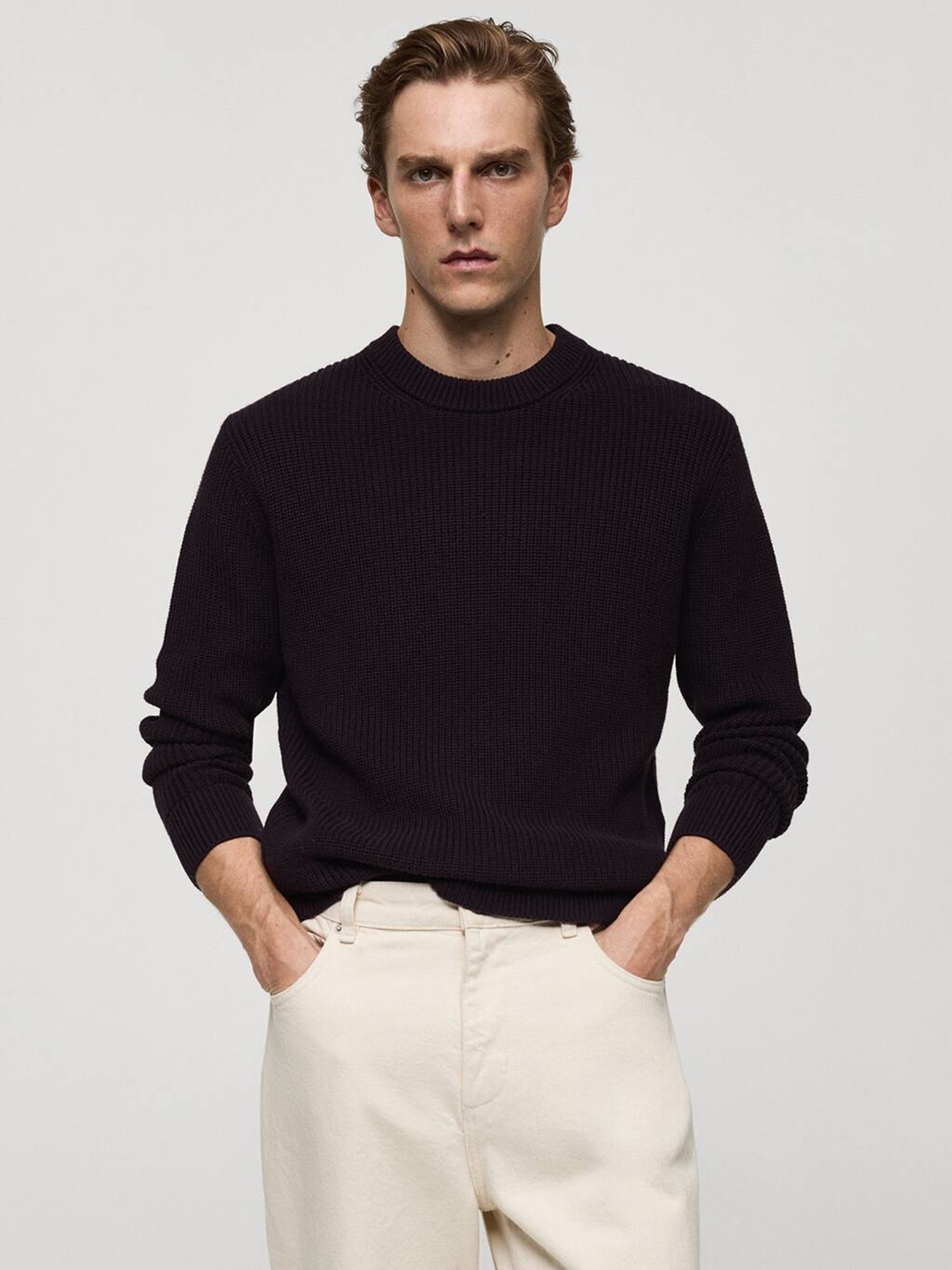 

MANGO MAN Ribbed Cable Knit Pullover, Coffee brown