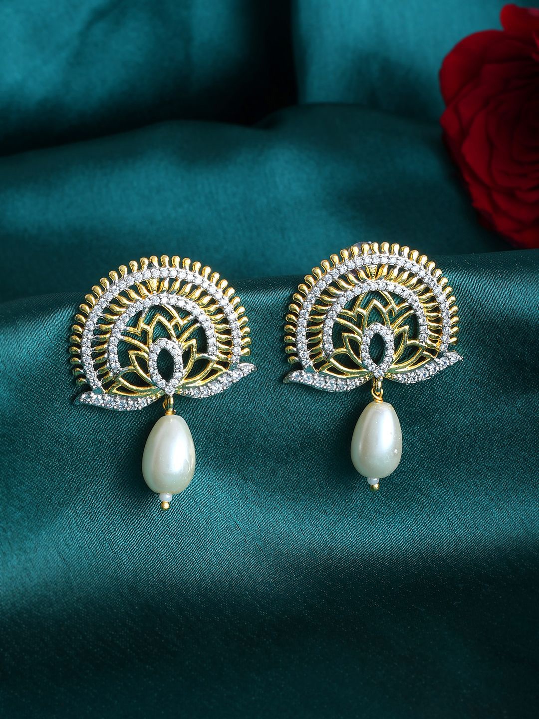 

Voylla Gold-Plated Lotus Shaped Pearl Studs