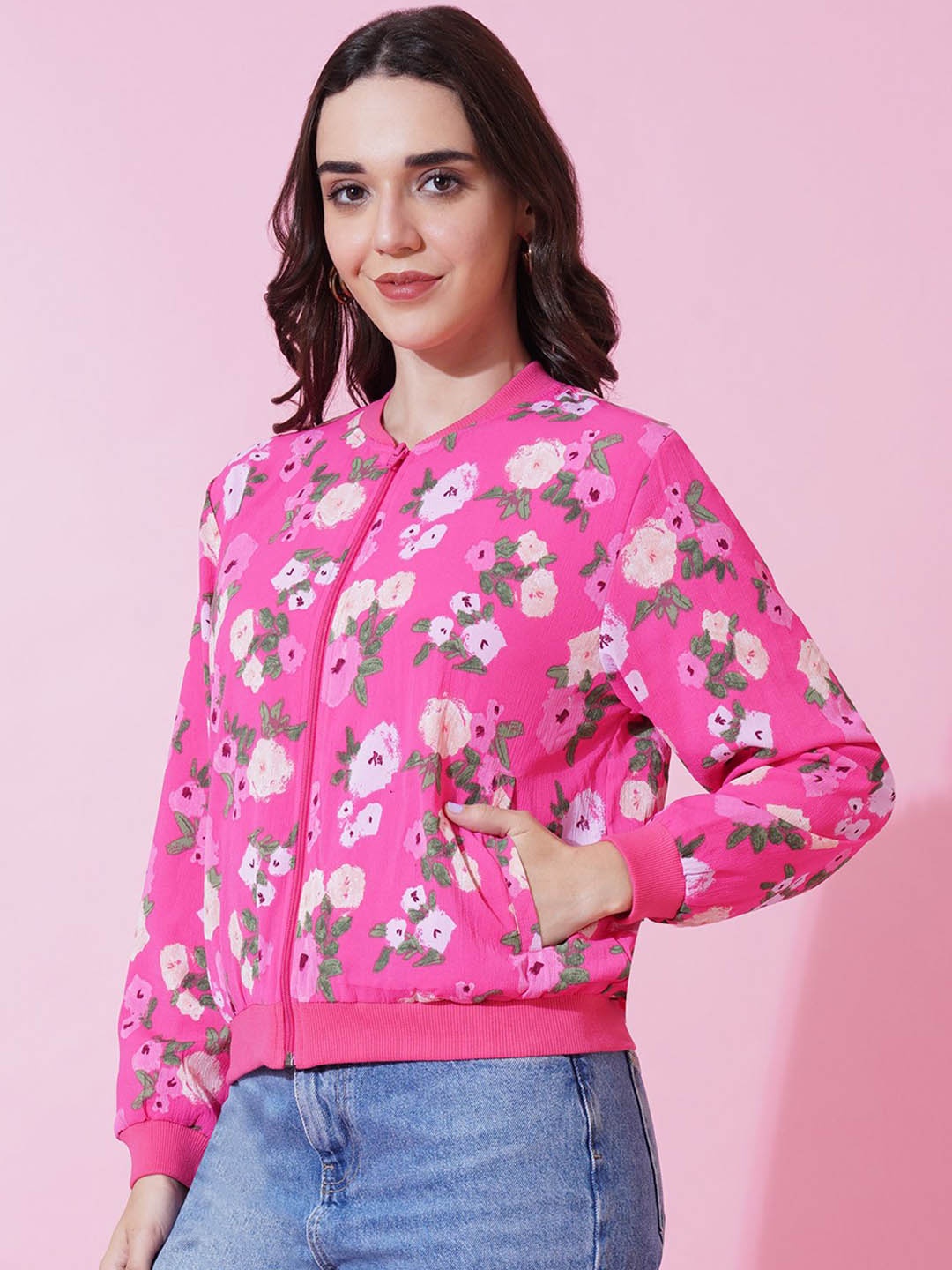 

IX IMPRESSION Women Floral Lightweight Bomber Jacket, Pink