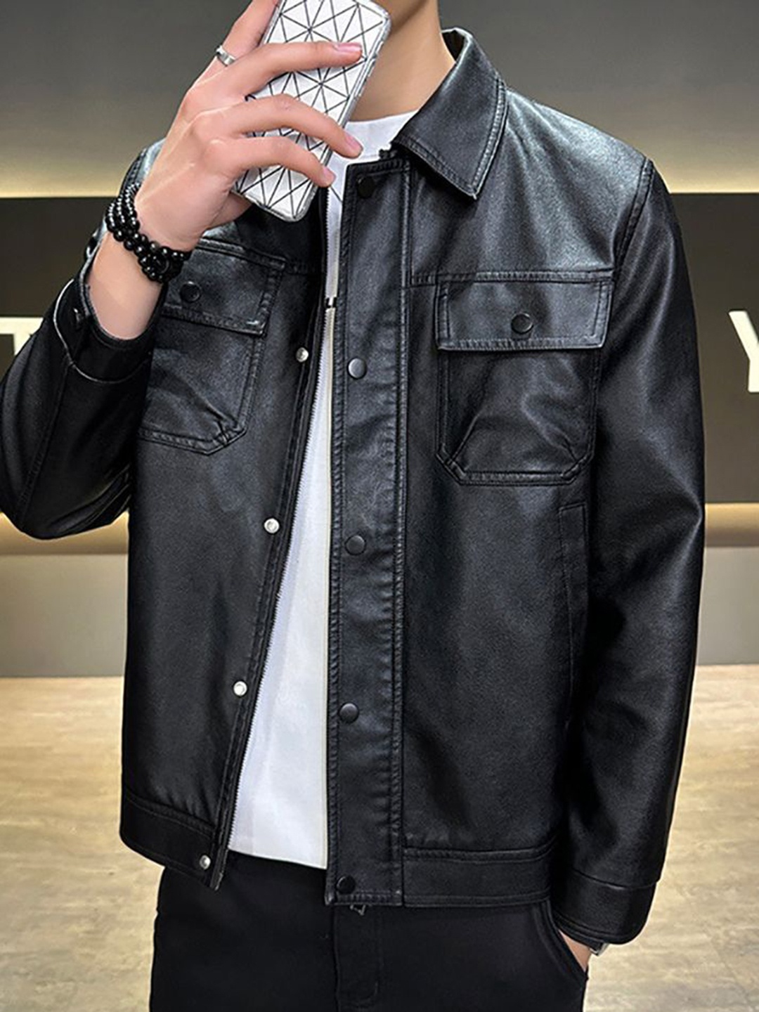 

StyleCast x Revolte Men Lightweight Leather Jacket, Black