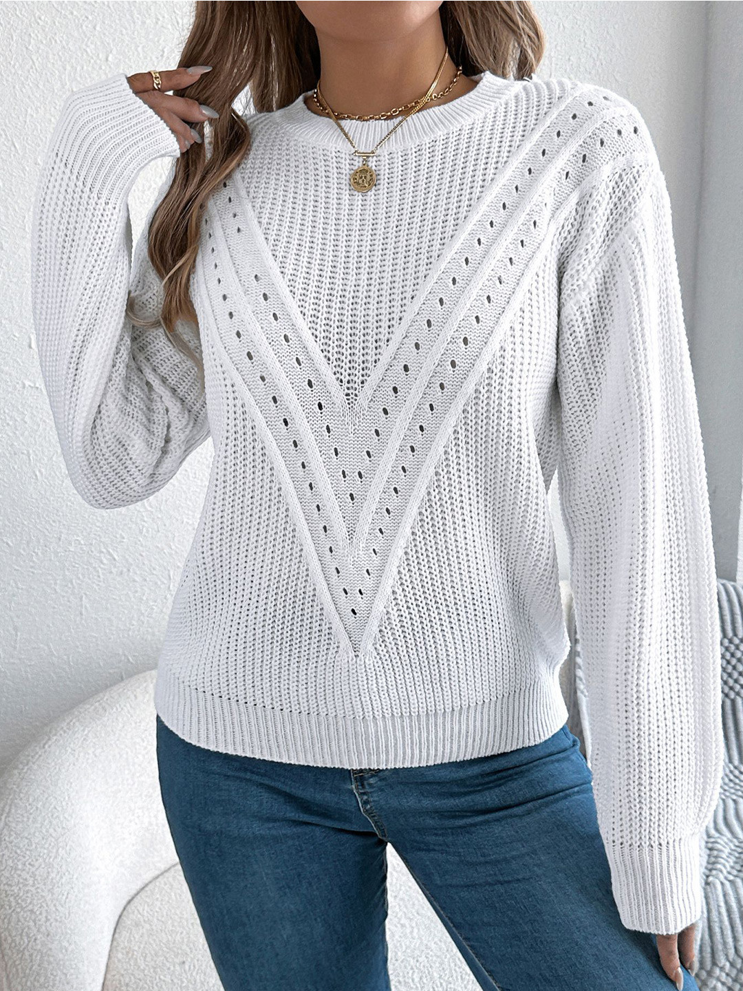

StyleCast x Revolte Women Cable Knit Round Neck Long Sleeves Pullover Sweaters, White