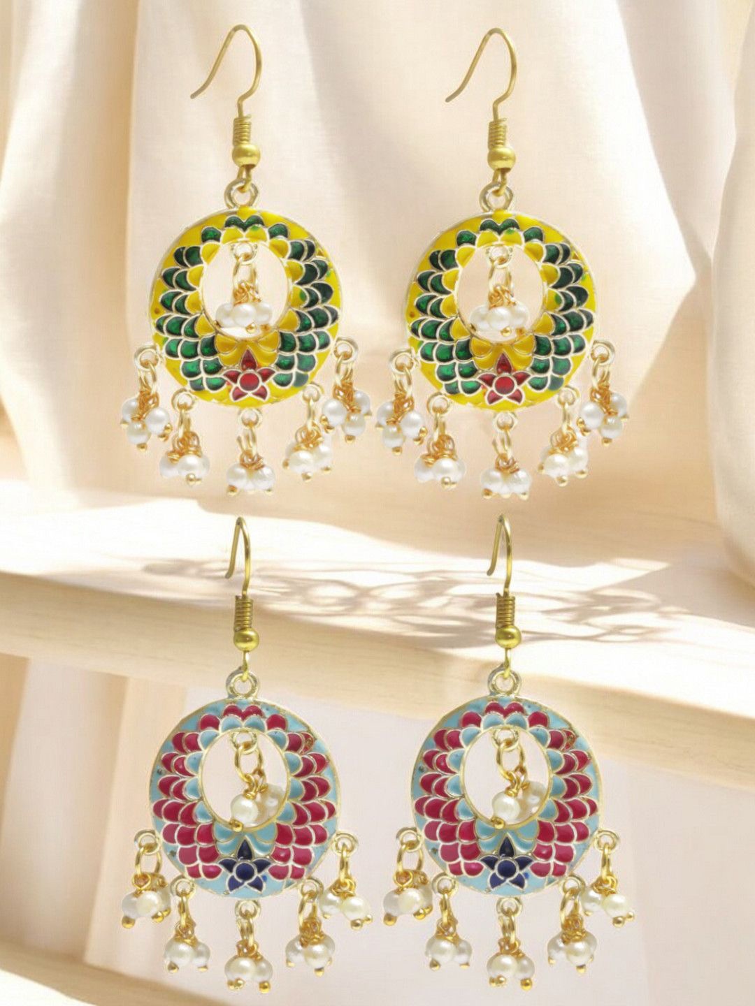 

OOMPH Pack Of 4 Artificial Stones and Beads Floral Chandbalis Earrings, Green