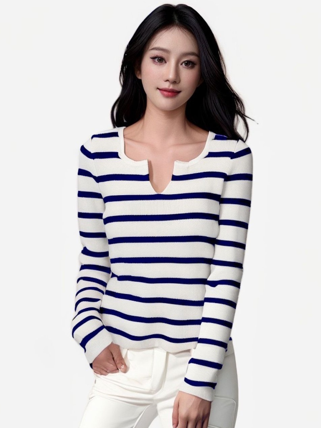 

StyleCast Women V-Neck Long Sleeves Striped Pullover Sweaters, Blue