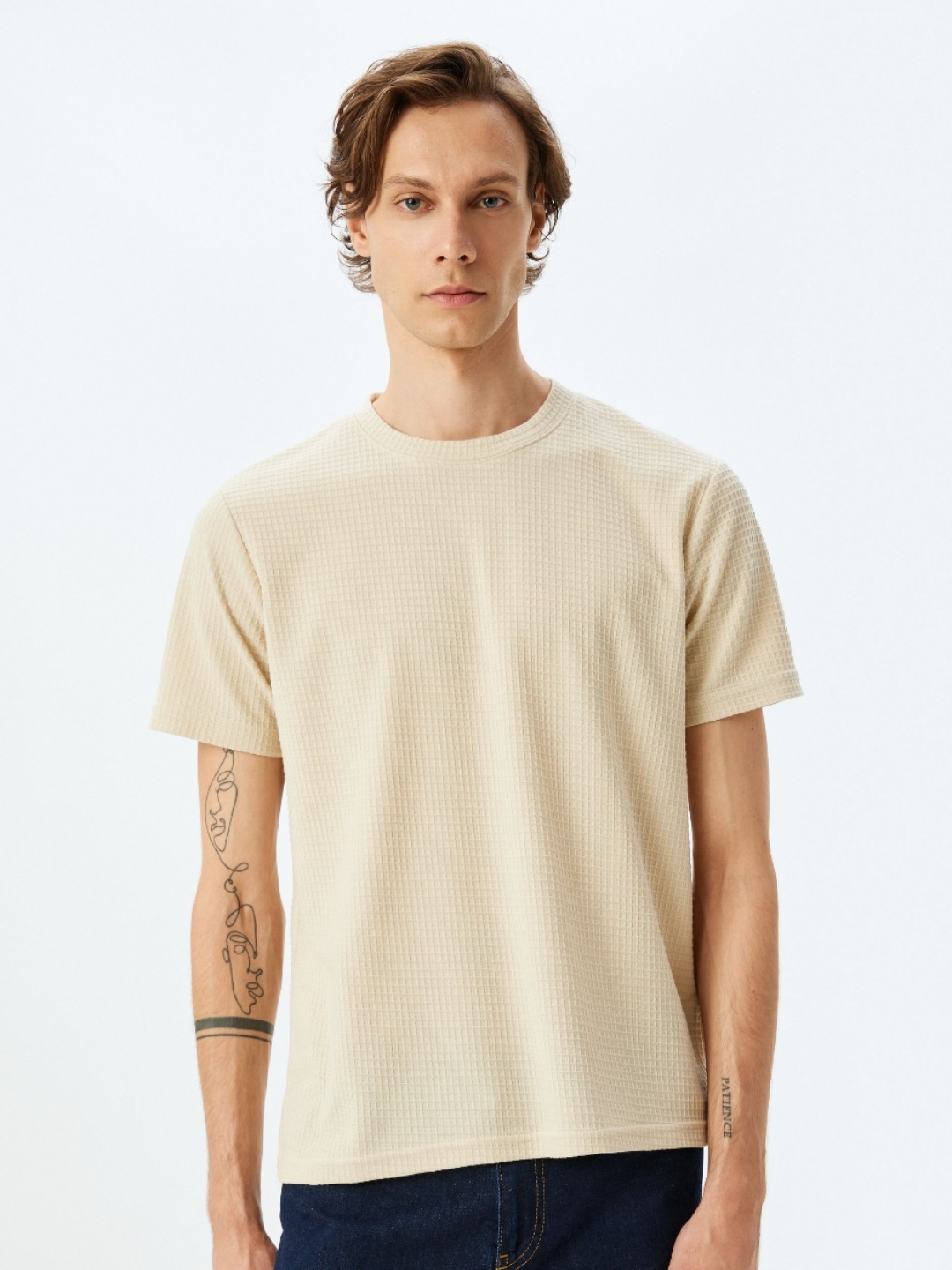 

Koton Men Self Design Round Neck T-shirt, Beige
