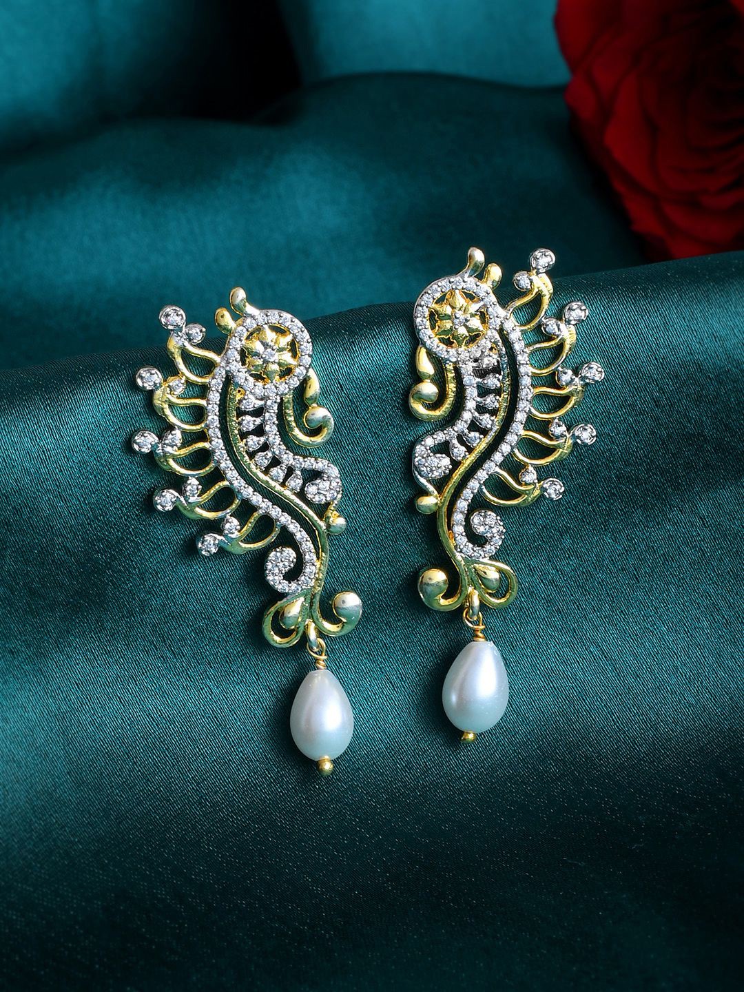 

Voylla Alpana Gold Plated Cubic Zirconia Studded Paisley Shaped Drop Earrings