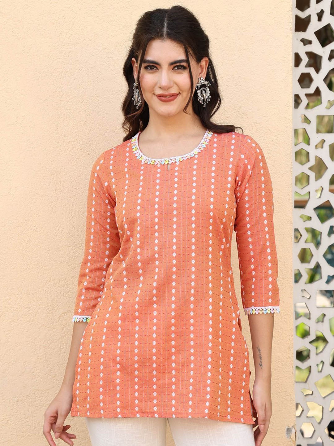 

AKIMIA Women Striped Woven Design Thread Work Kurti, Peach