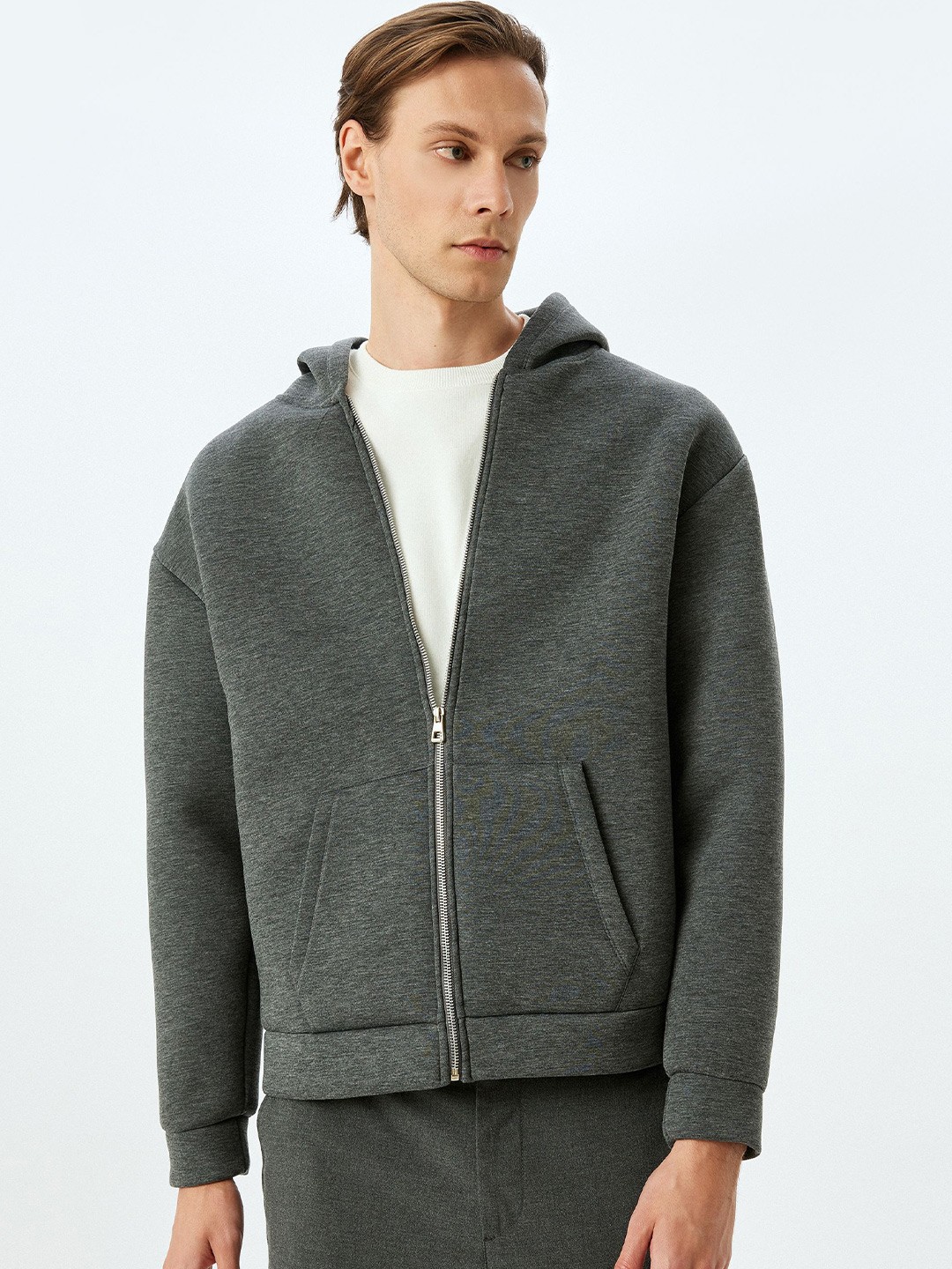 

Koton Men Long Sleeves Hooded Front-Open Sweatshirt, Grey