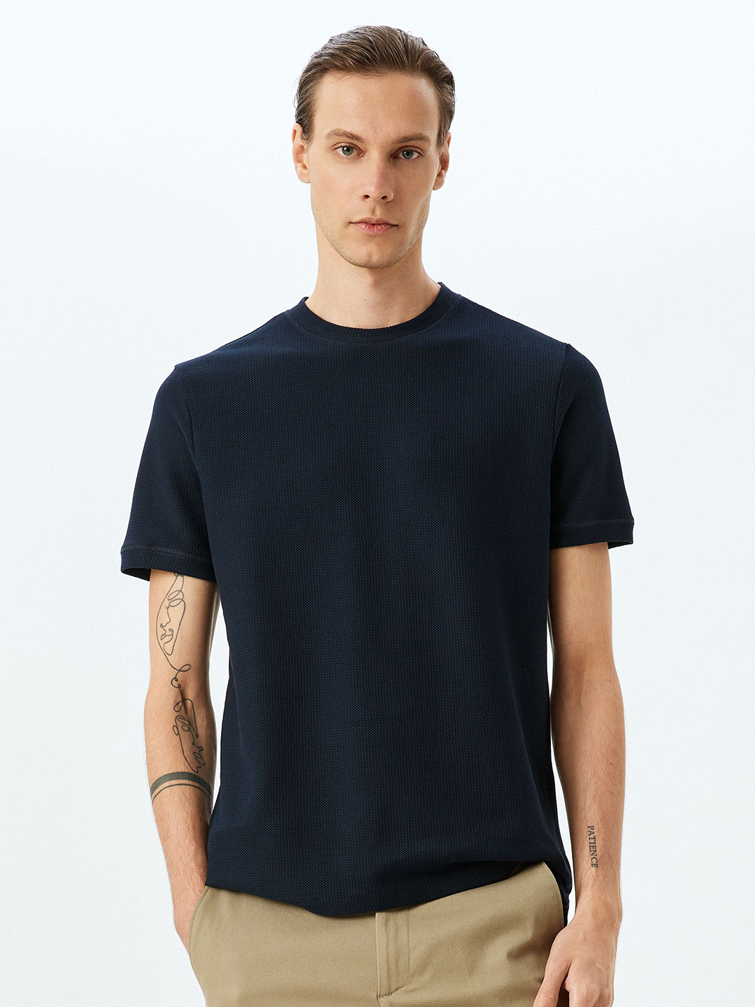 

Koton Men Self Design Round Neck Cotton T-shirt, Navy blue