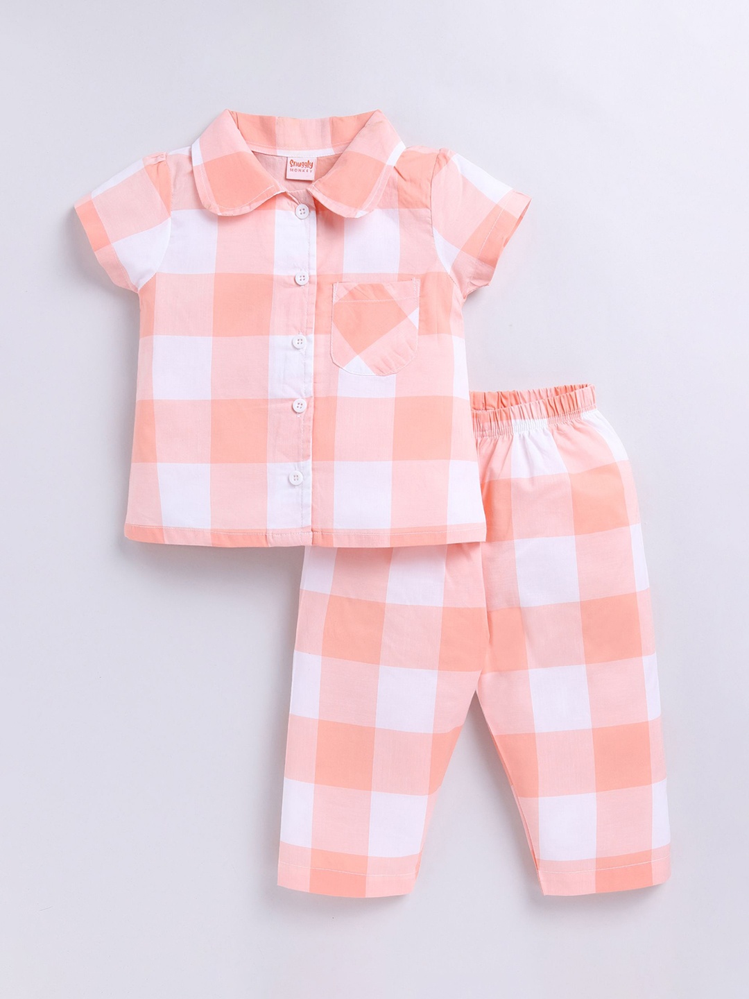 

SNUGGLY MONKEY Girls Checked Short Sleeves Pure Cotton Night suit SMSS24GCDS553-Peach
