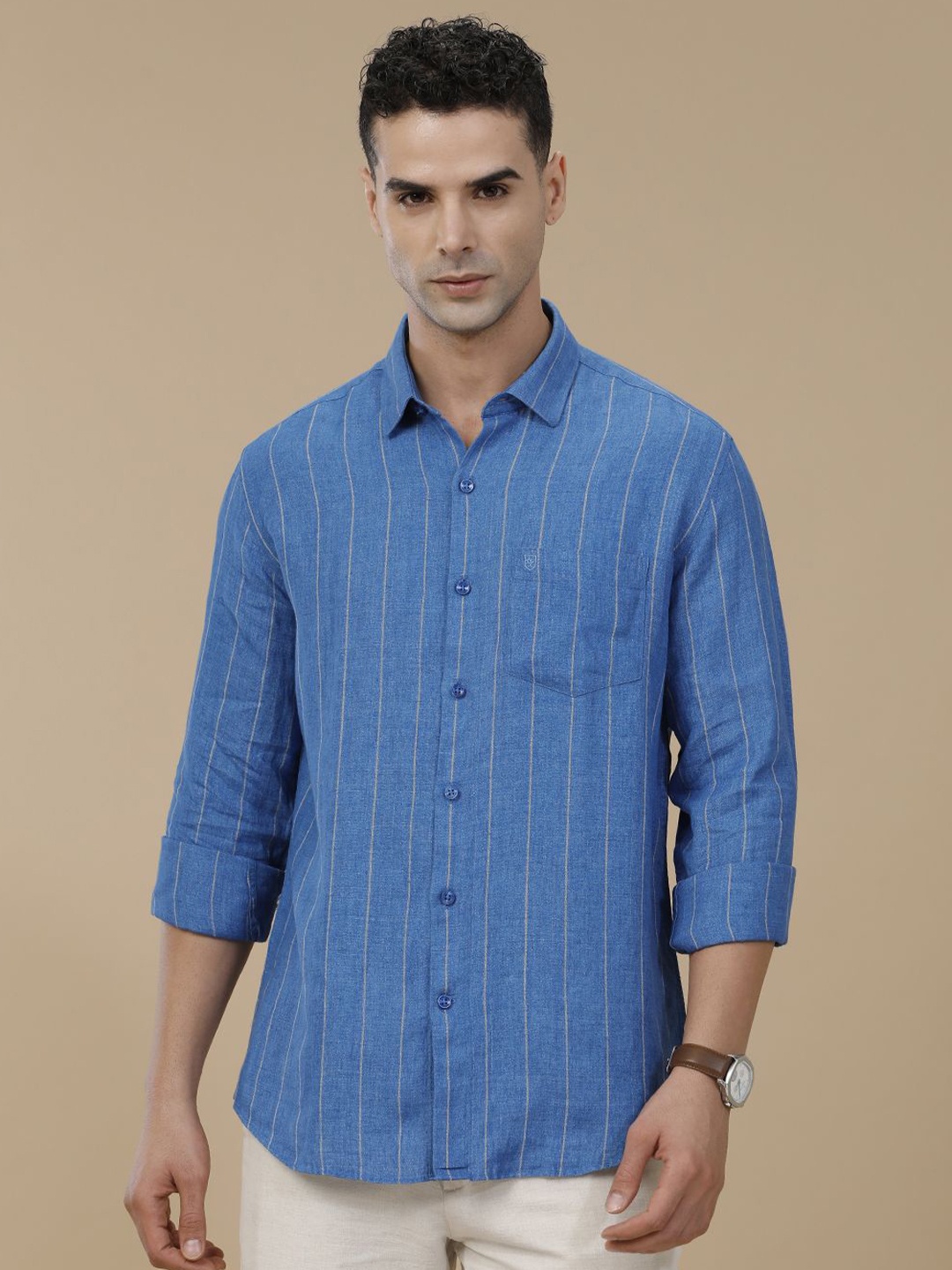 

Linen Club Contemporary Slim Fit Vertical Striped Linen Cotton Casual Shirt, Blue