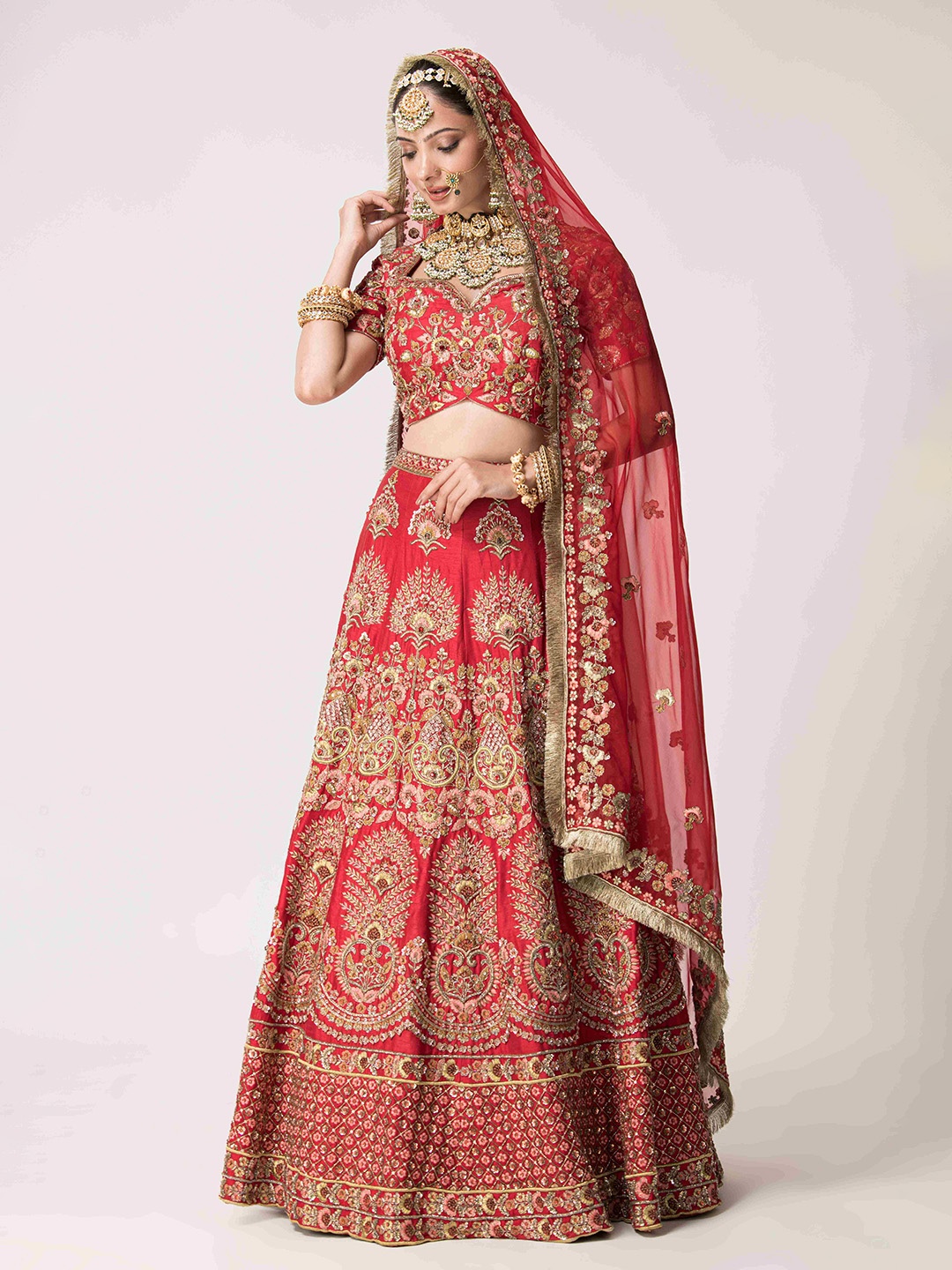 

The Front Row Embellished Beads and Stones Ready to Wear Lehenga & Blouse With Dupatta, Red