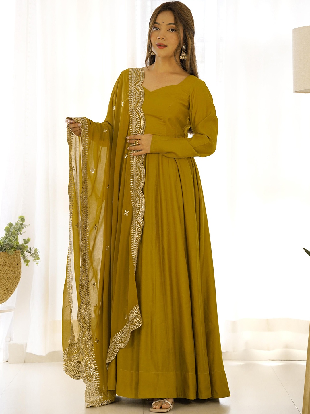 

KALINI Anarkali Kurta with Trousers & Dupatta, Mustard