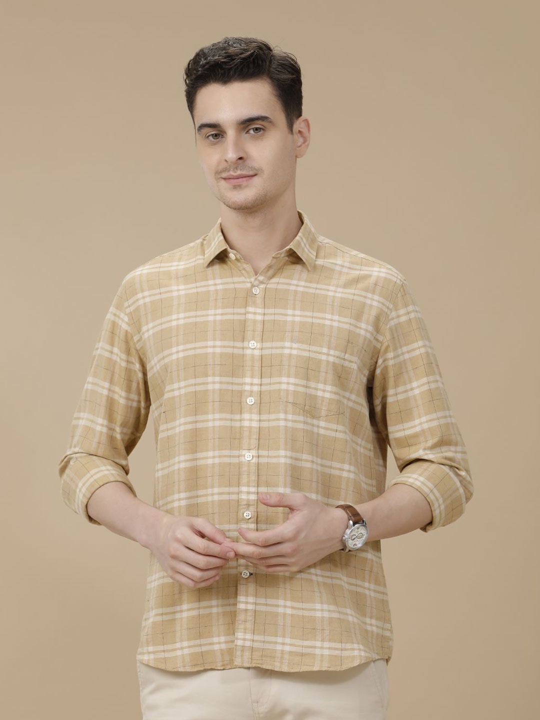 

CAVALLO by Linen Club Contemporary Slim Fit Windowpane Checked Casual Shirt, Brown