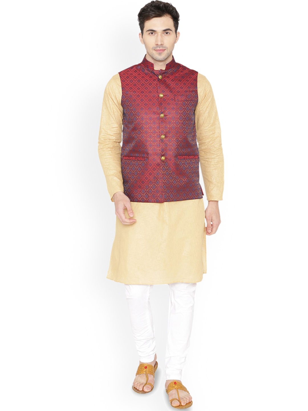 

Wintage Mandarin Collar Cotton Silk Straight Kurta with Pyjamas & Nehru Jacket, Cream