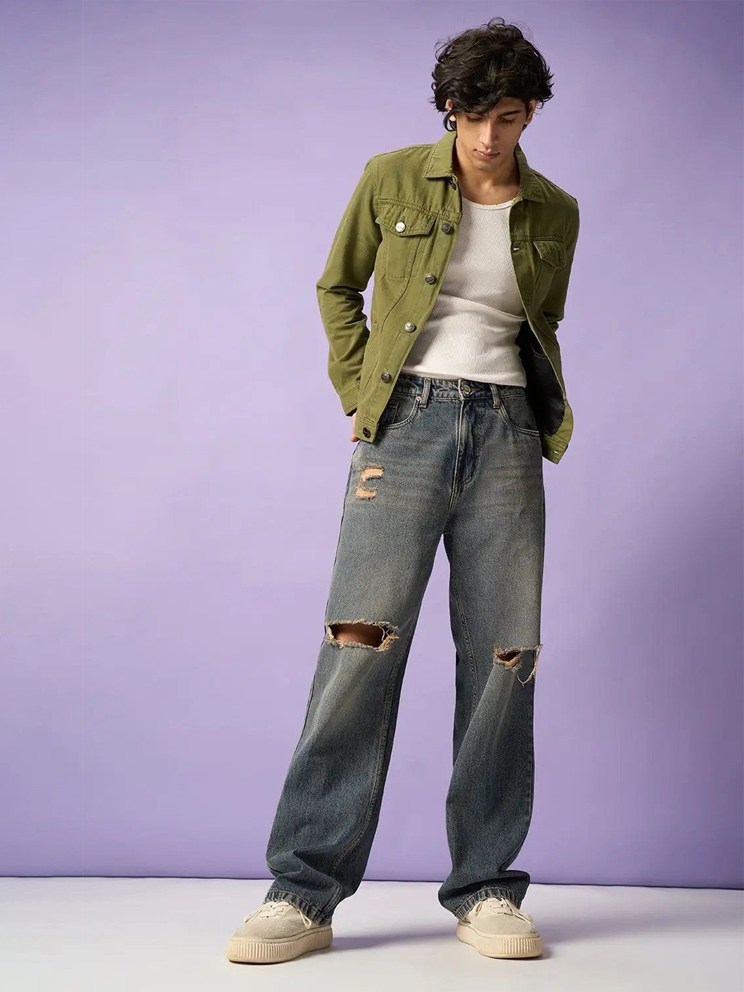 

FREAKINS Men Straight Fit Slash Knee Light Fade Cotton Jeans, Blue