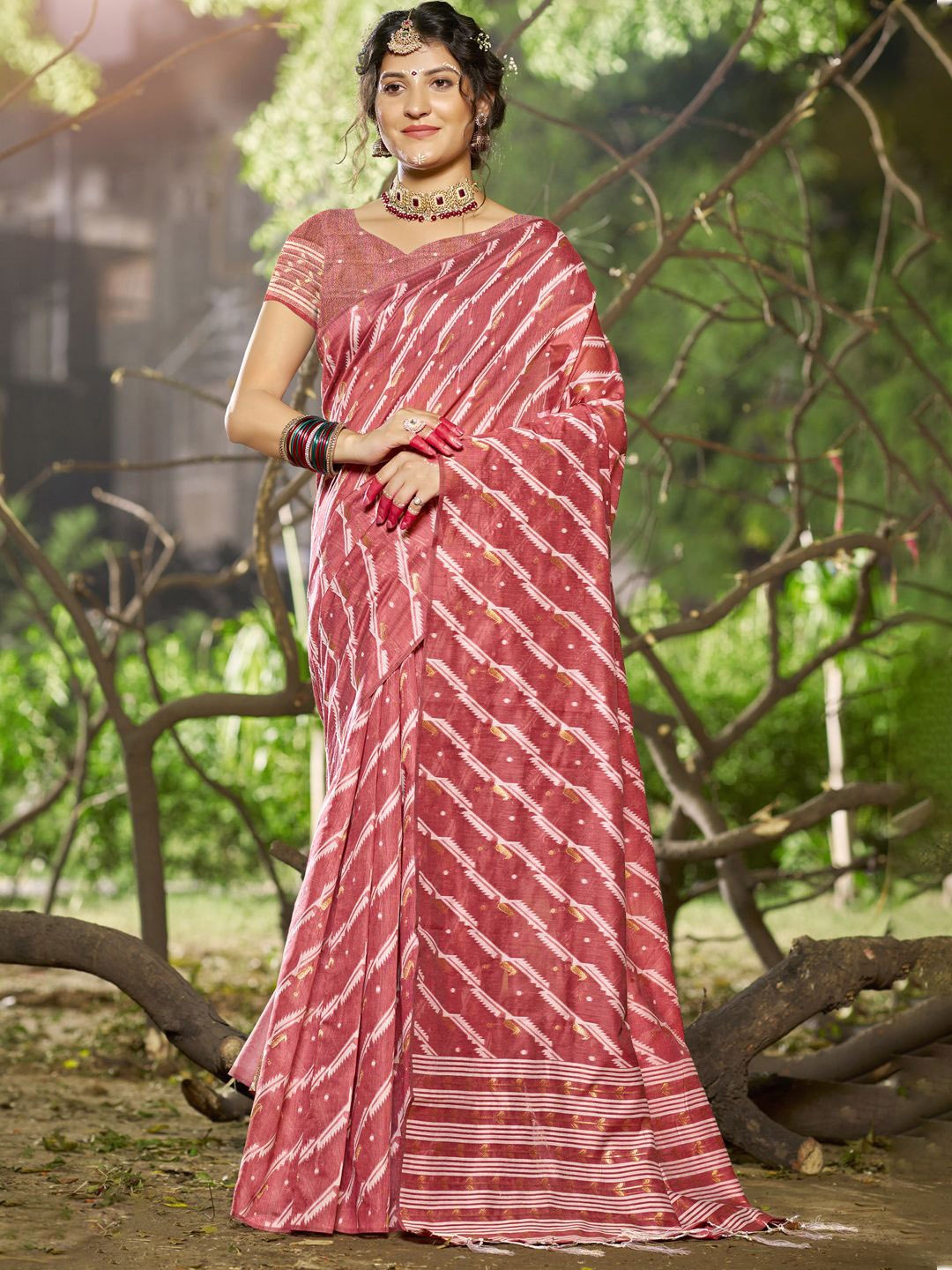 

SANGAM PRINTS Leheriya Zari Tussar Saree, Pink
