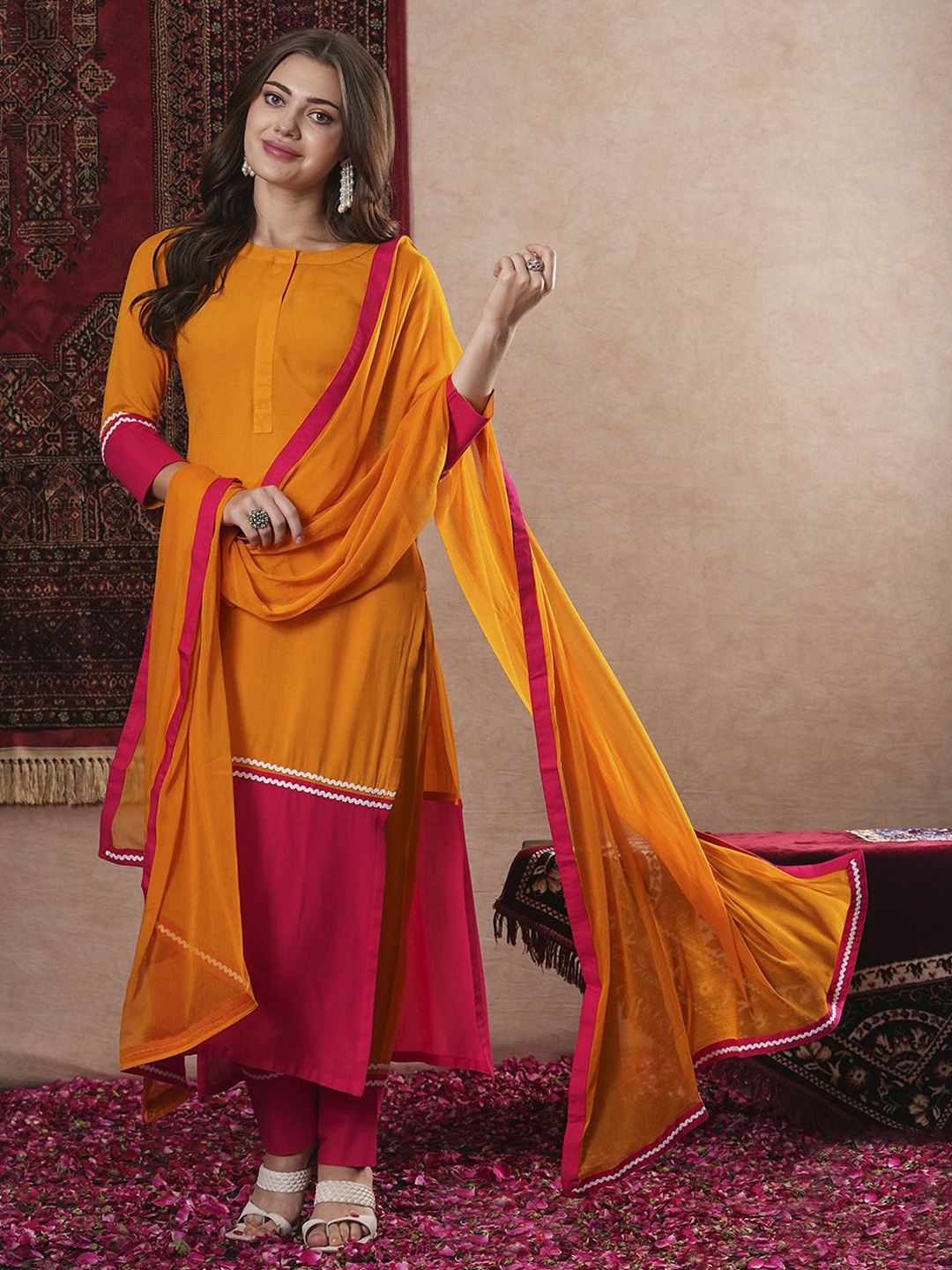 

GoSriKi Round Neck Straight Kurta With Trouser & Dupatta, Orange