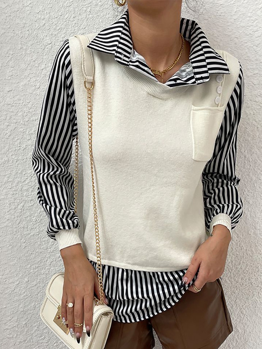 

StyleCast x Revolte Women Cuffed Sleeves Shirt Collar Top, Beige