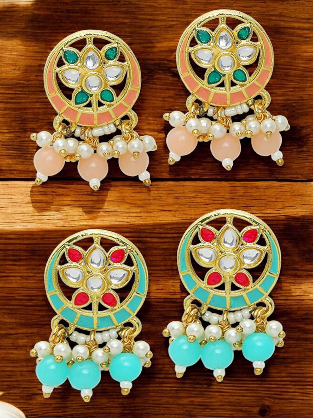 

OOMPH Set Of 2 Meenakari Floral Kundan Studded & Beaded Drop Earrings, Gold