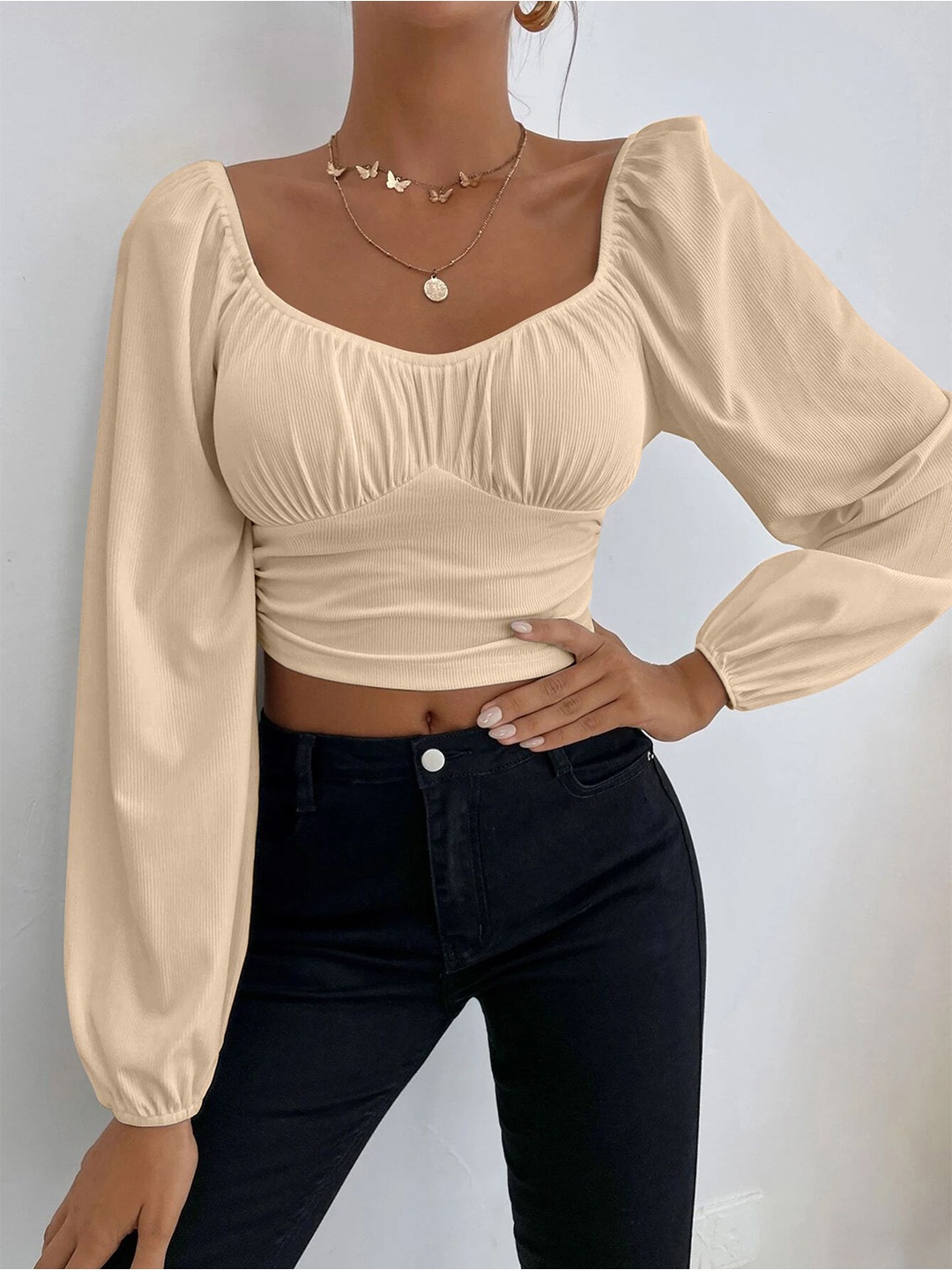 

StyleCast x Revolte Women Sweetheart Neck Puff Sleeves Crop Top, Beige
