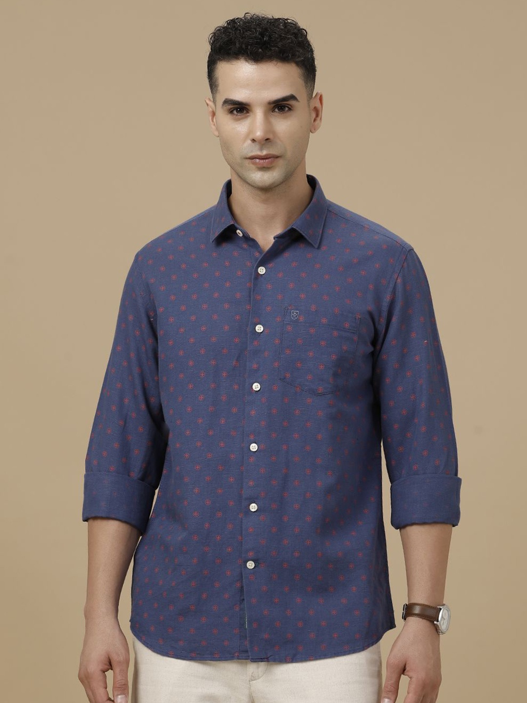 

Linen Club Contemporary Slim Fit Geometric Printed Linen Cotton Casual Shirt, Blue
