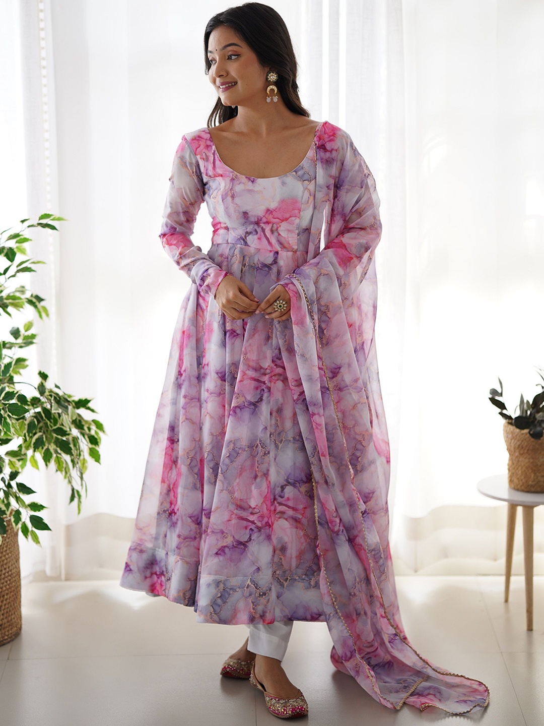 

KALINI Floral Printed Anarkali Kurta with Trousers & Dupatta, Pink