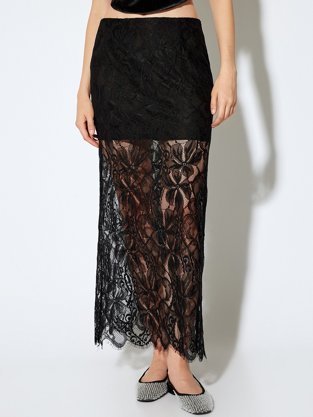 

Koton Self Design Straight Midi Skirt, Black