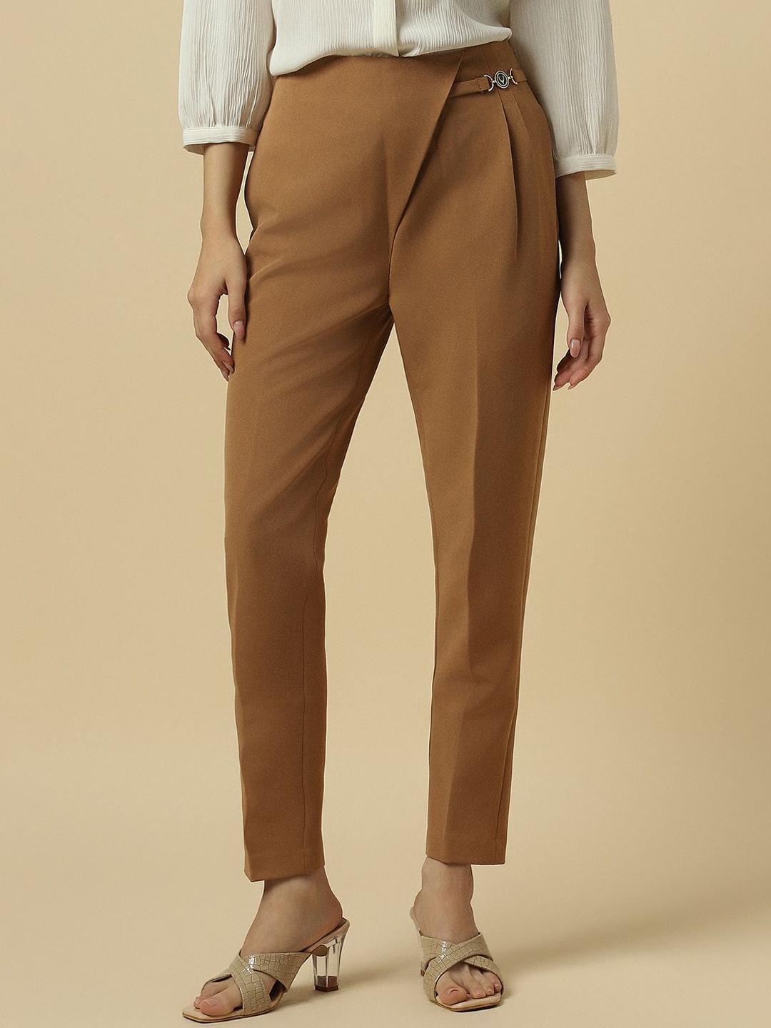 

Allen Solly Woman Women Mid-Rise Slim Fit Pleated Trousers, Brown