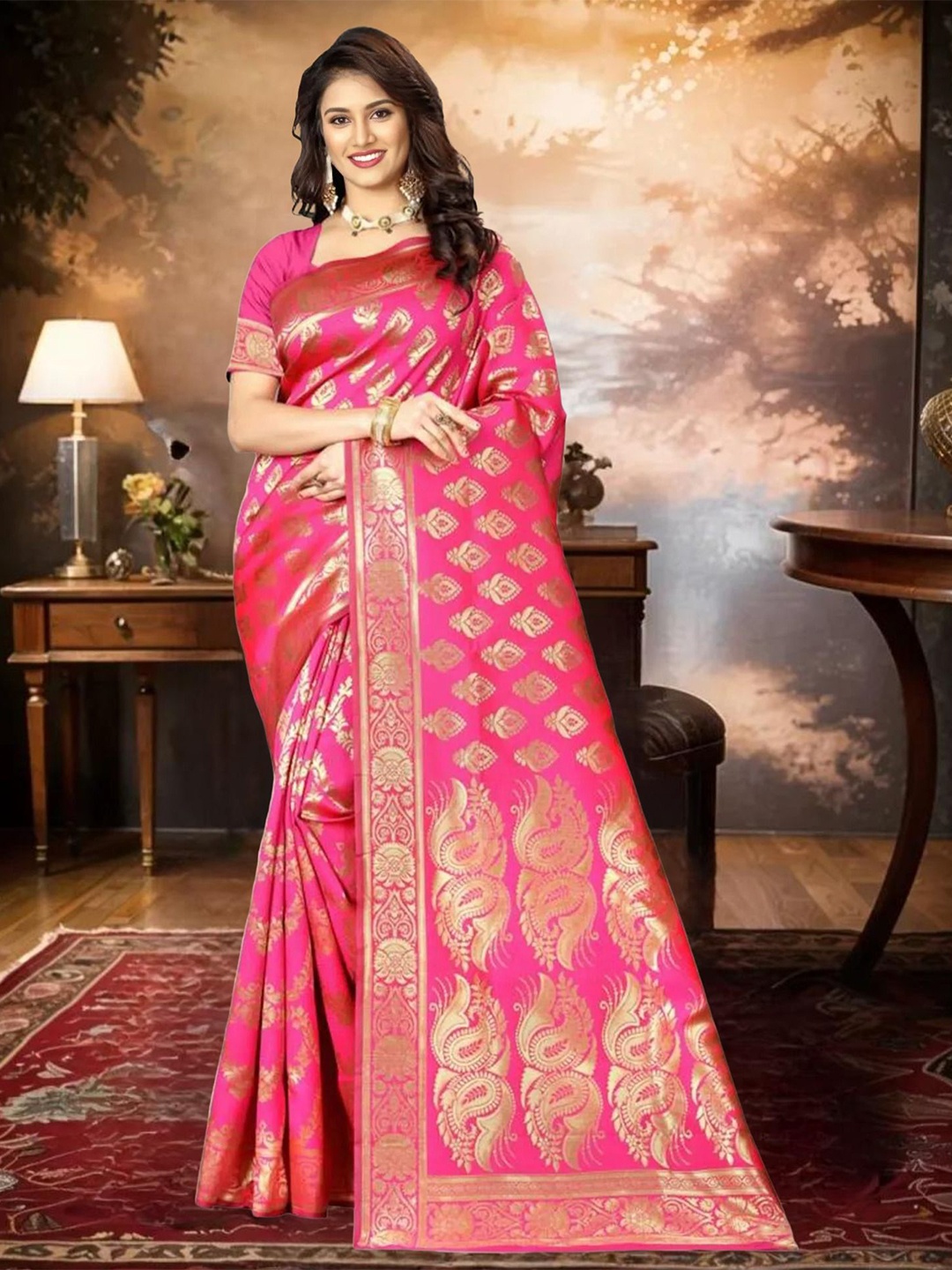 

KALINI Ethnic Motifs Woven Design Zari Banarasi Saree, Pink