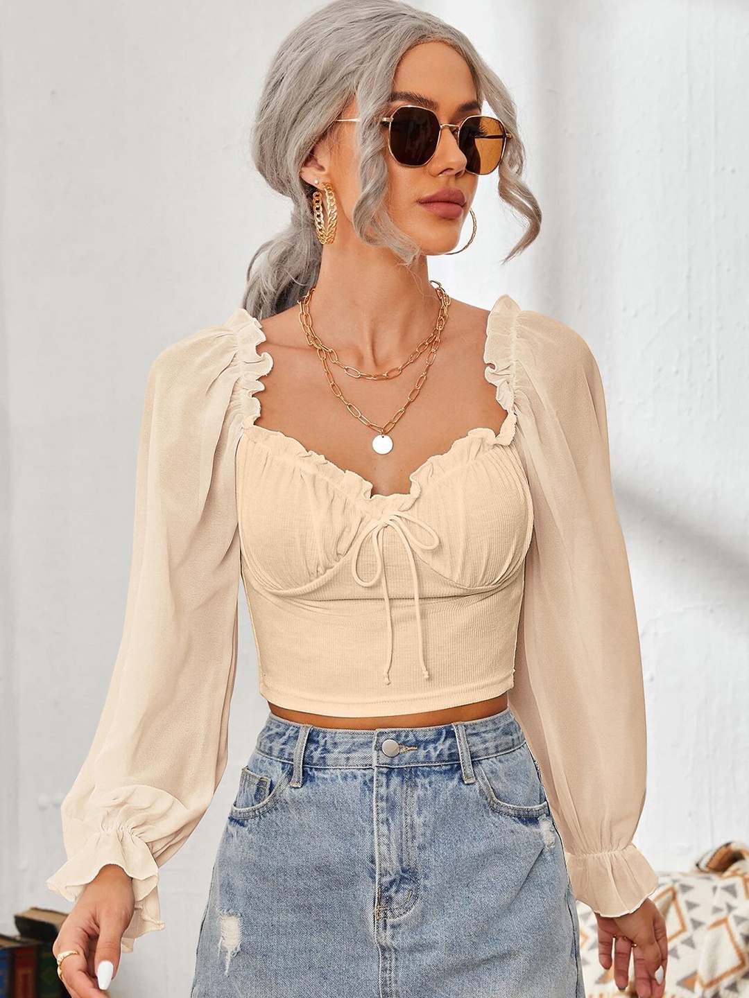 

StyleCast x Revolte Women Sweetheart Neck Ruched Hem Crop Top, Beige