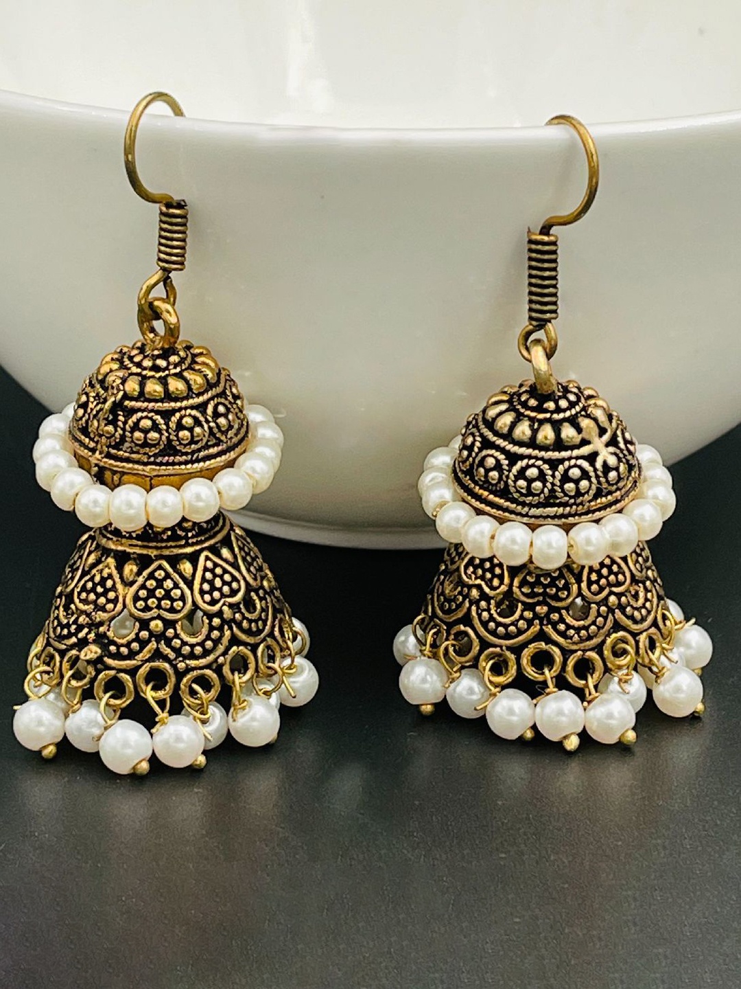 

ZIVOM Gold-Plated Antique Pearls Beaded Double Dome Shaped Jhumkas