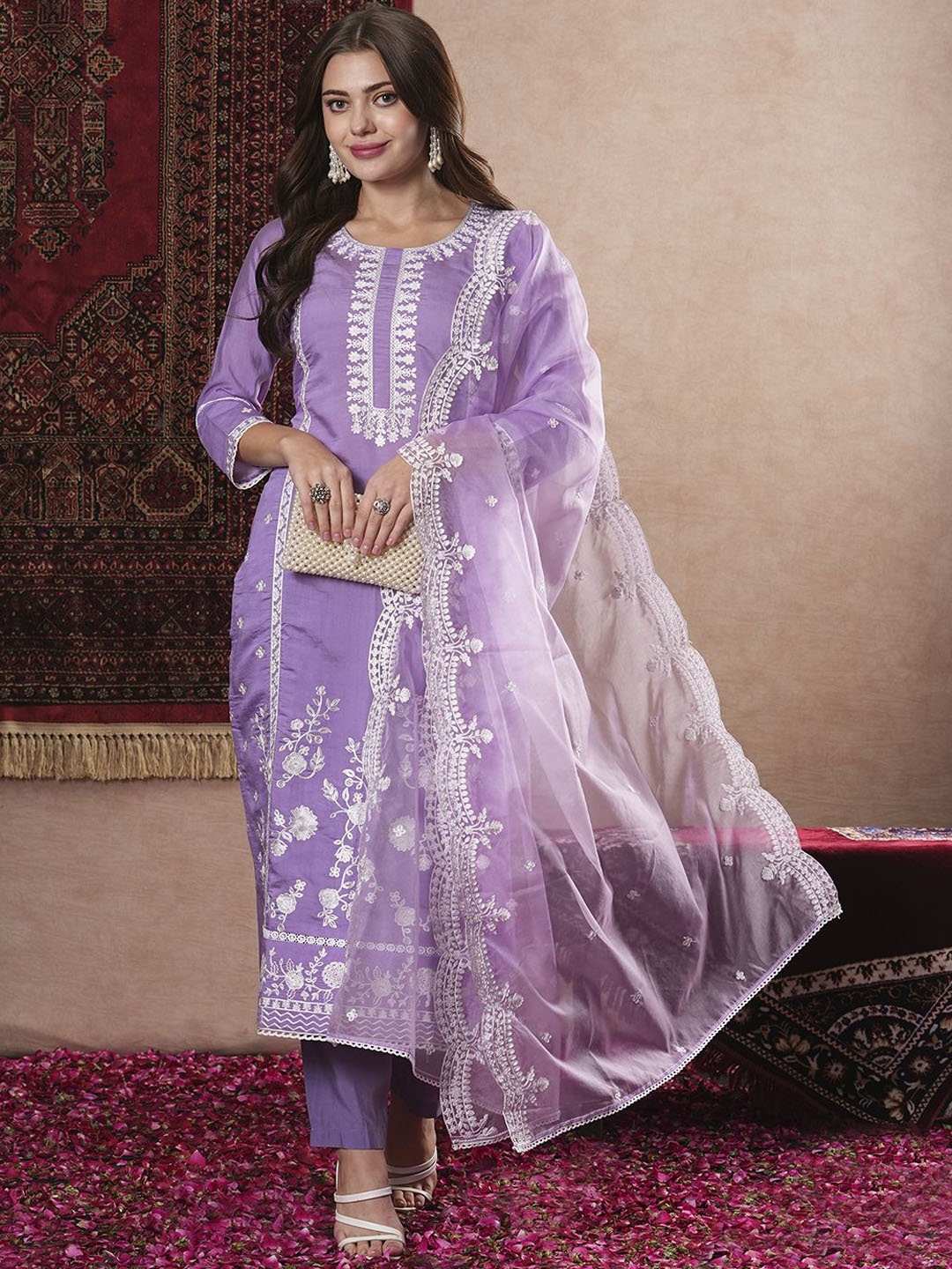 

Anni Designer Ethnic Motifs Embroidered Regular Straight Kurta with Trousers & Dupatta, Purple