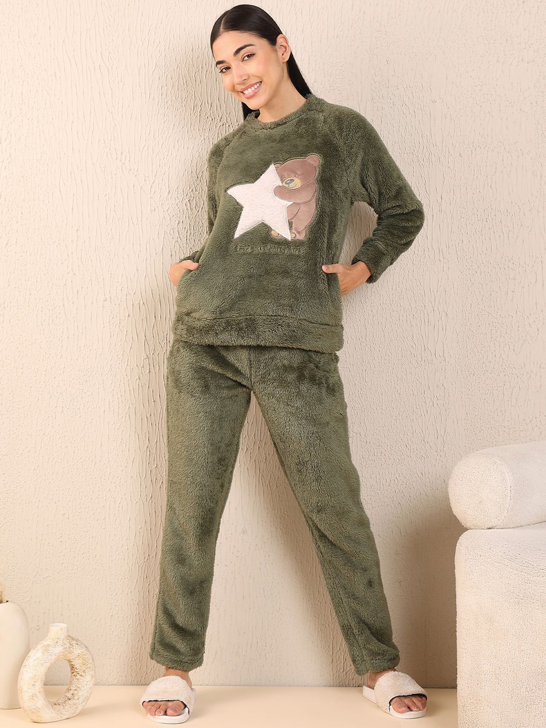 

Sweet Dreams Women Graphic Printed Round Neck Night suit, Olive
