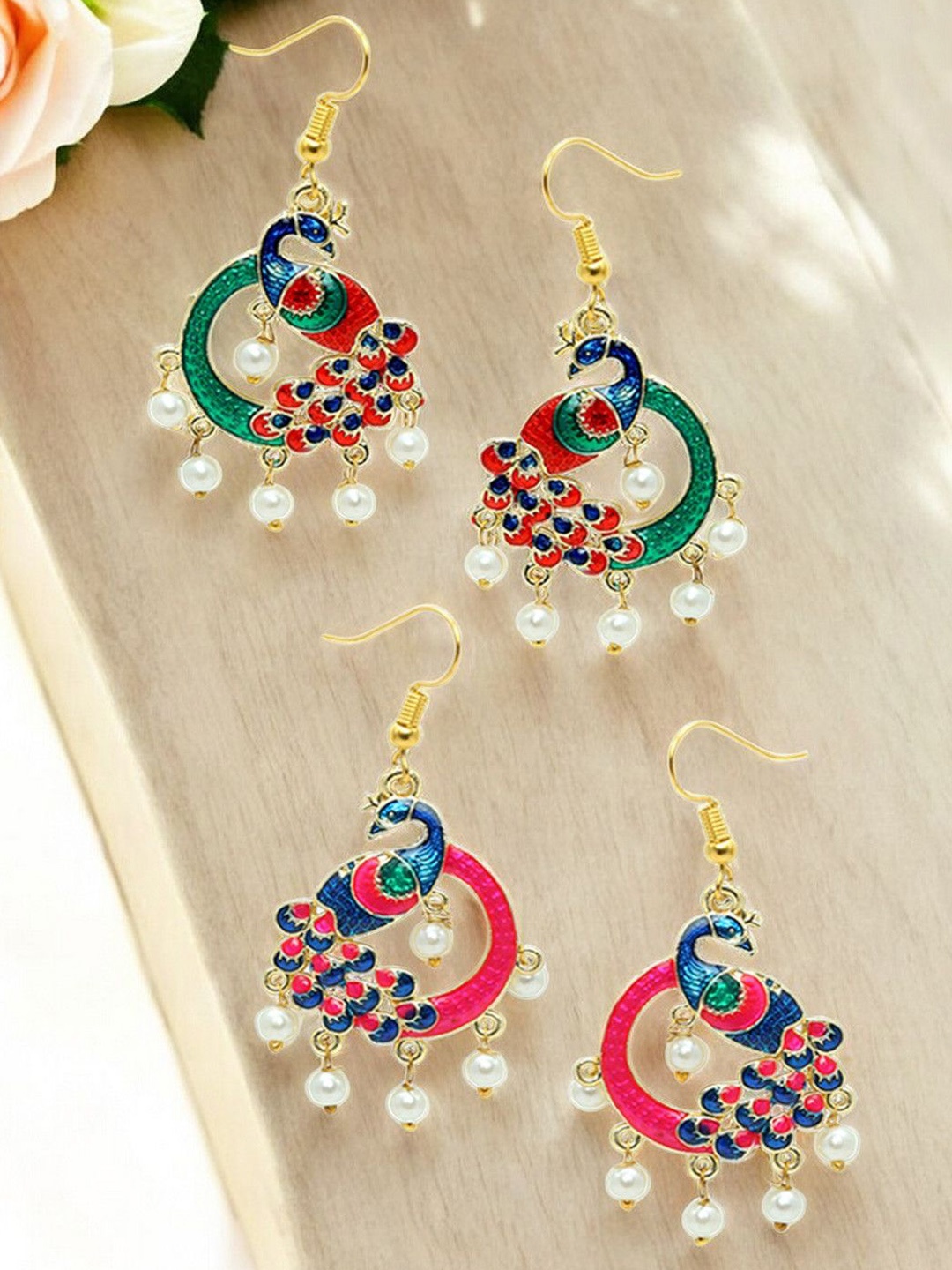 

OOMPH Set Of 2 Peacock Shaped Stone Studded & Beaded Meenakari Drop Earrings, Gold