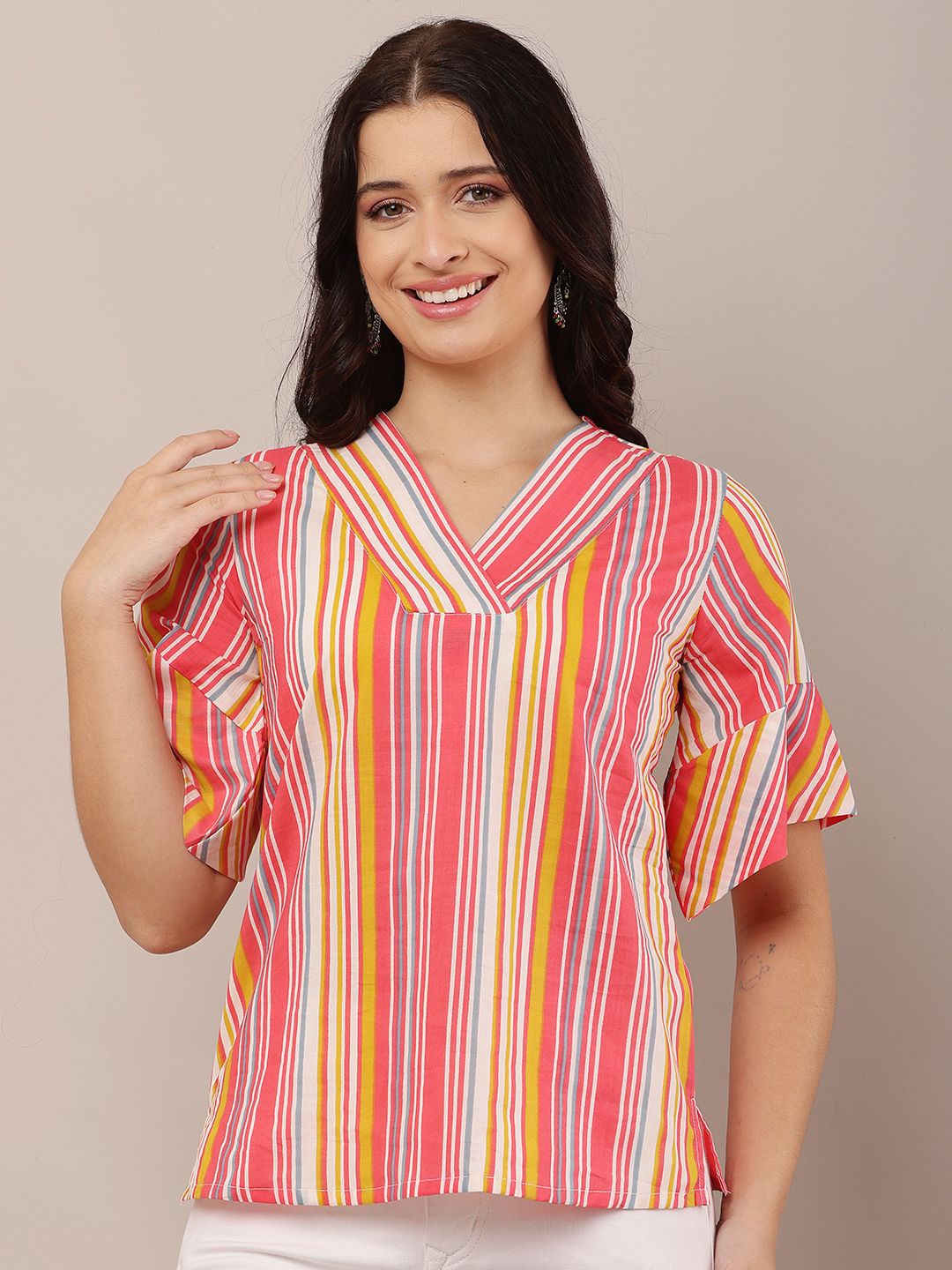 

HELLO DESIGN Striped Flutter Sleeve Cotton Top, Red