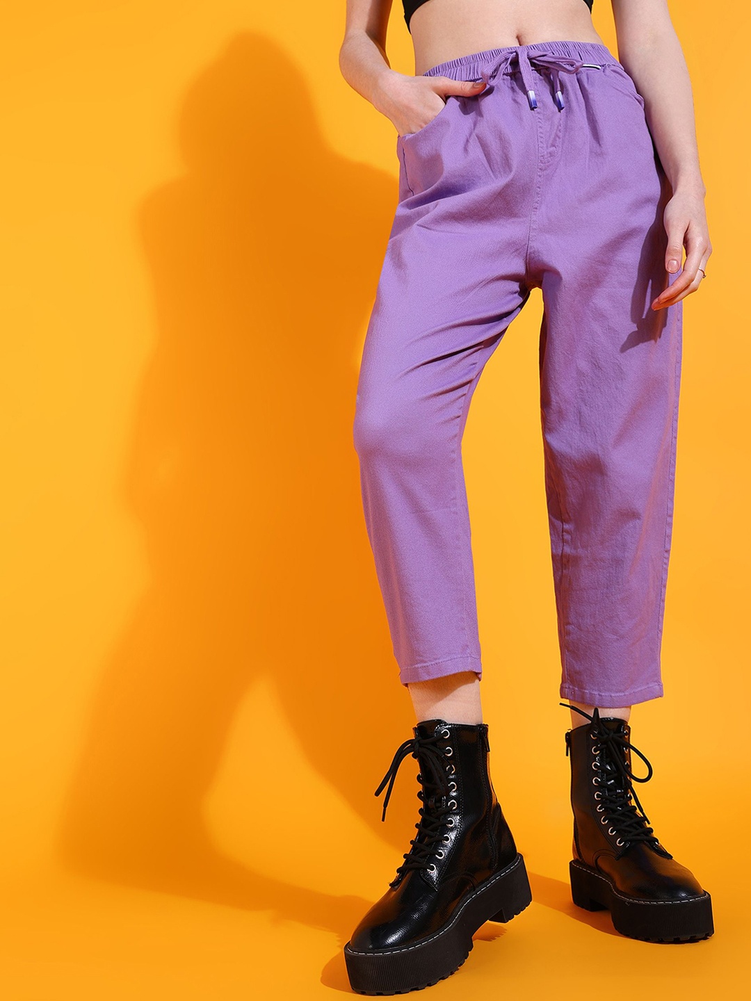 

SHECZZAR Women Smart Loose Fit Cotton Cropped Trousers, Purple