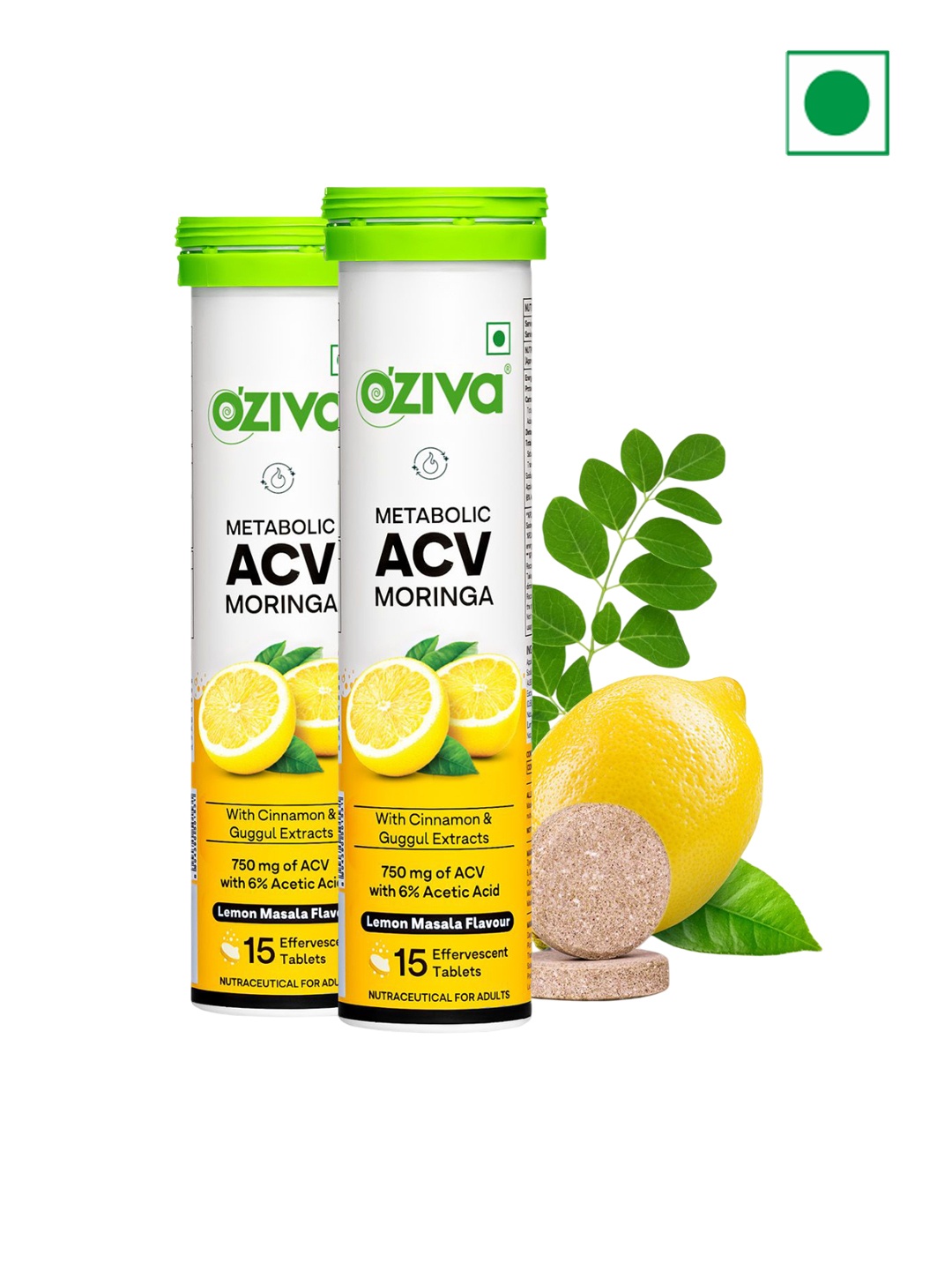 

OZiva Set Of 2 ACV Moringa Tablets - 15 Effervescent Tablets Each - Lemon Masala Flavor, Green