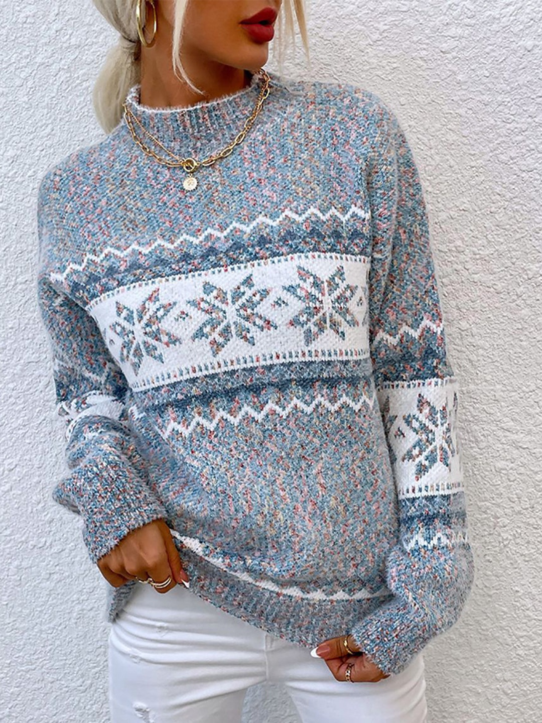 

StyleCast x Revolte Women Fair Isle Printed High Neck Pullover, Grey