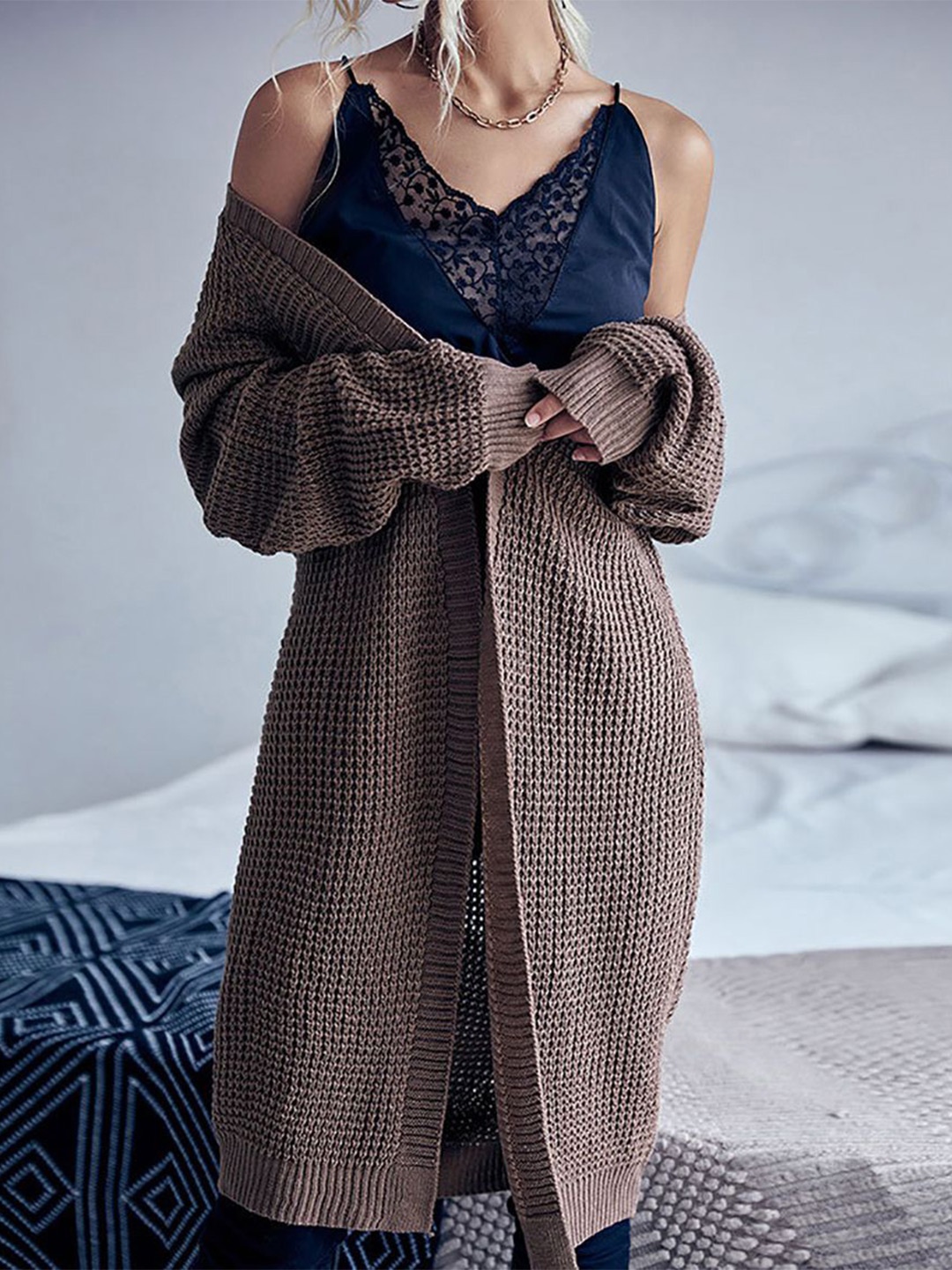 

StyleCast x Revolte Brown Self Design Open Front Shrug