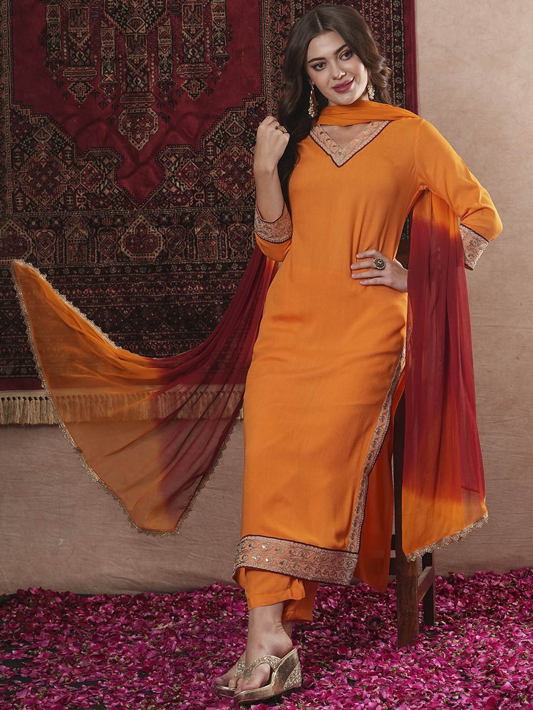 

GoSriKi Ethnic Motifs Yoke Design Sequinned V-Neck Straight Kurta With Trouser & Dupatta, Orange