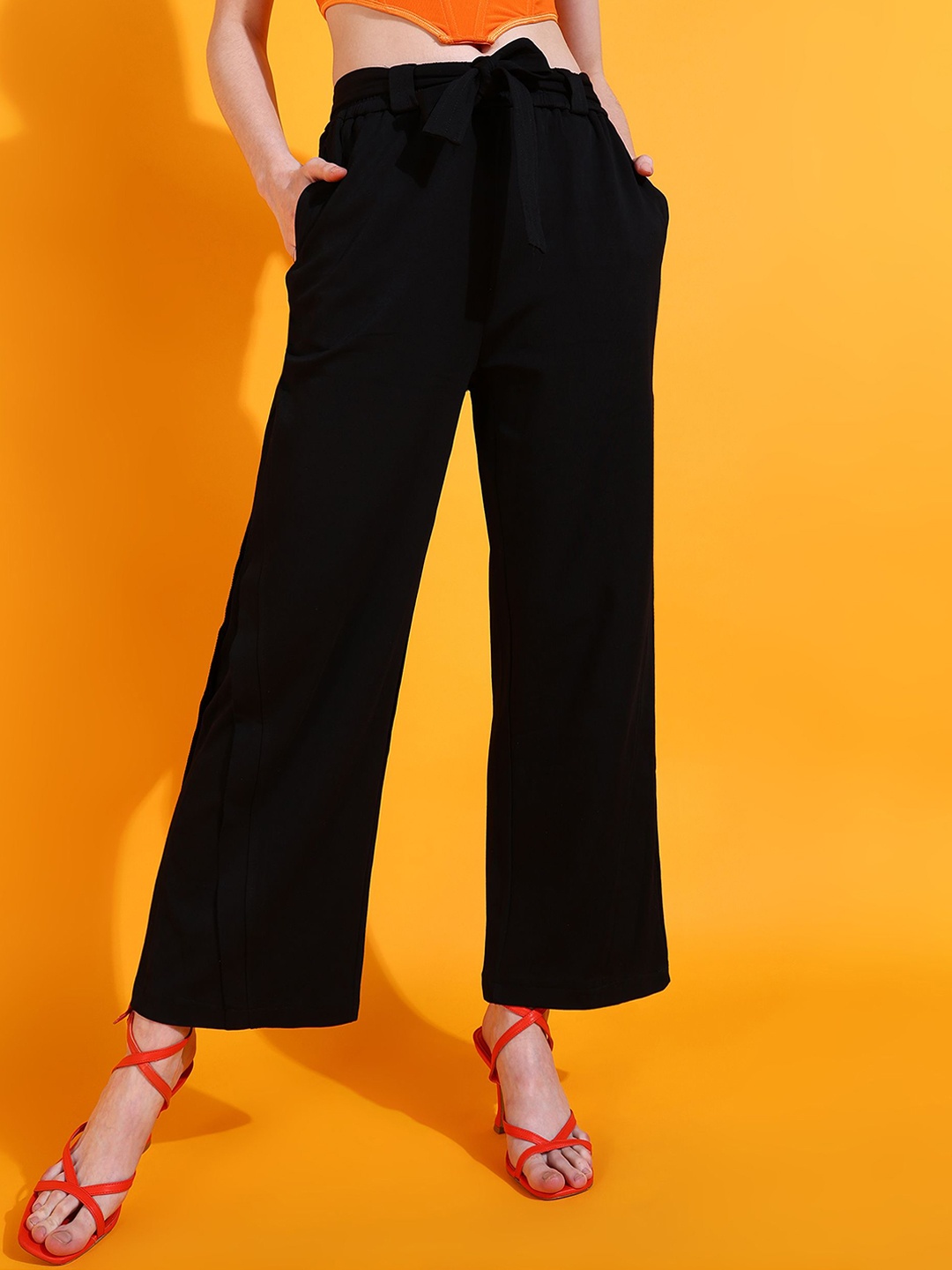 

SHECZZAR Women Cotton Flared High-Rise Trousers, Black