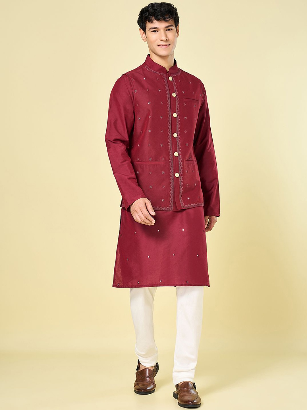 

indus route by Pantaloons Embroidered Nehru Jackets, Red