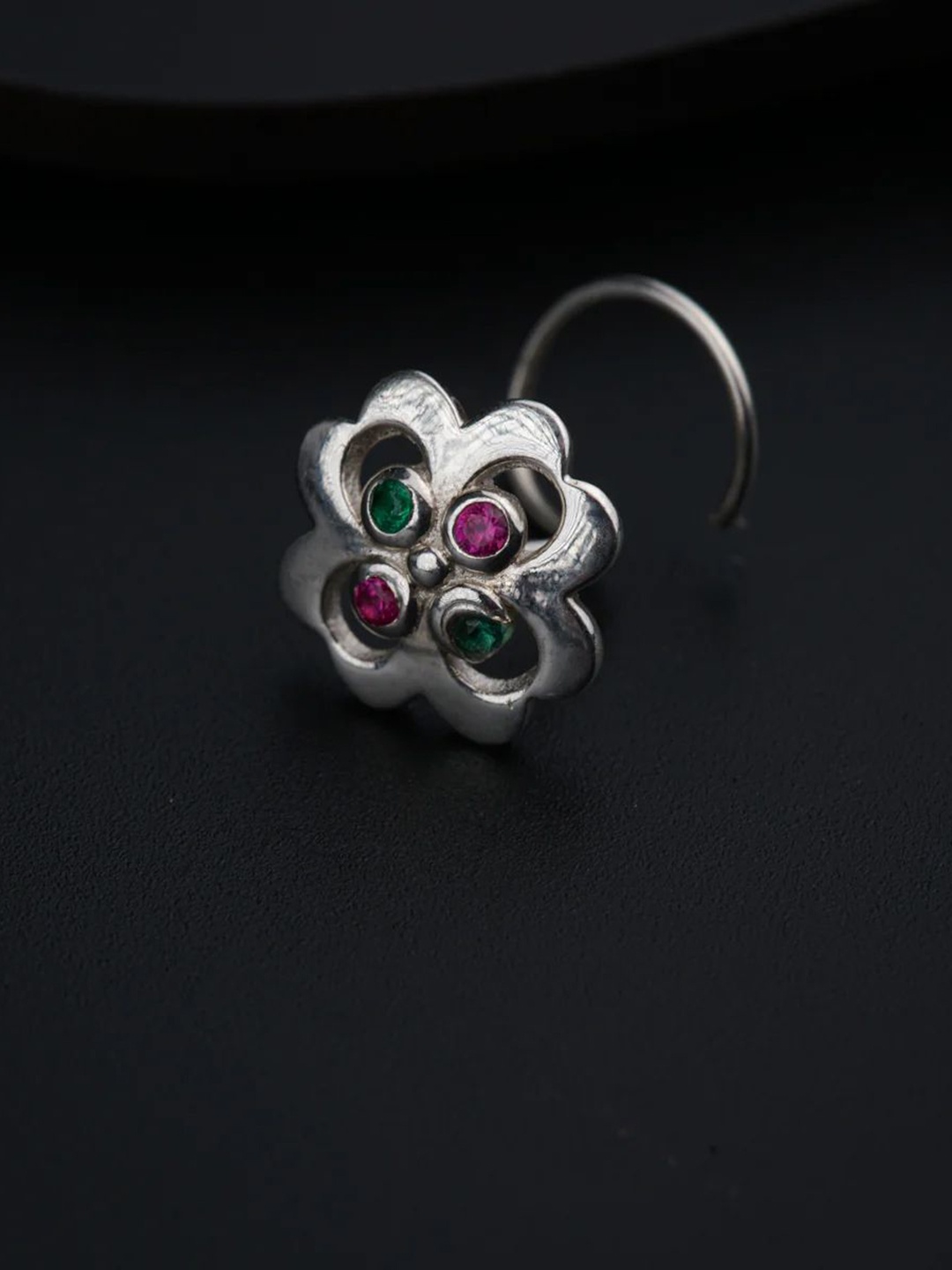 

House of Aadyaa Sterling Silver Oxidised Stone Studded Stud Nosepin