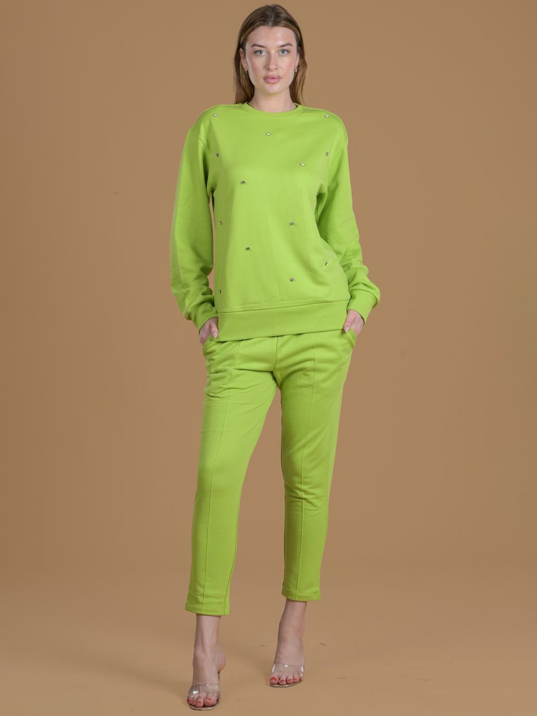 

Antimony Embellished Round Neck Sweatshirt with Trousers, Lime green