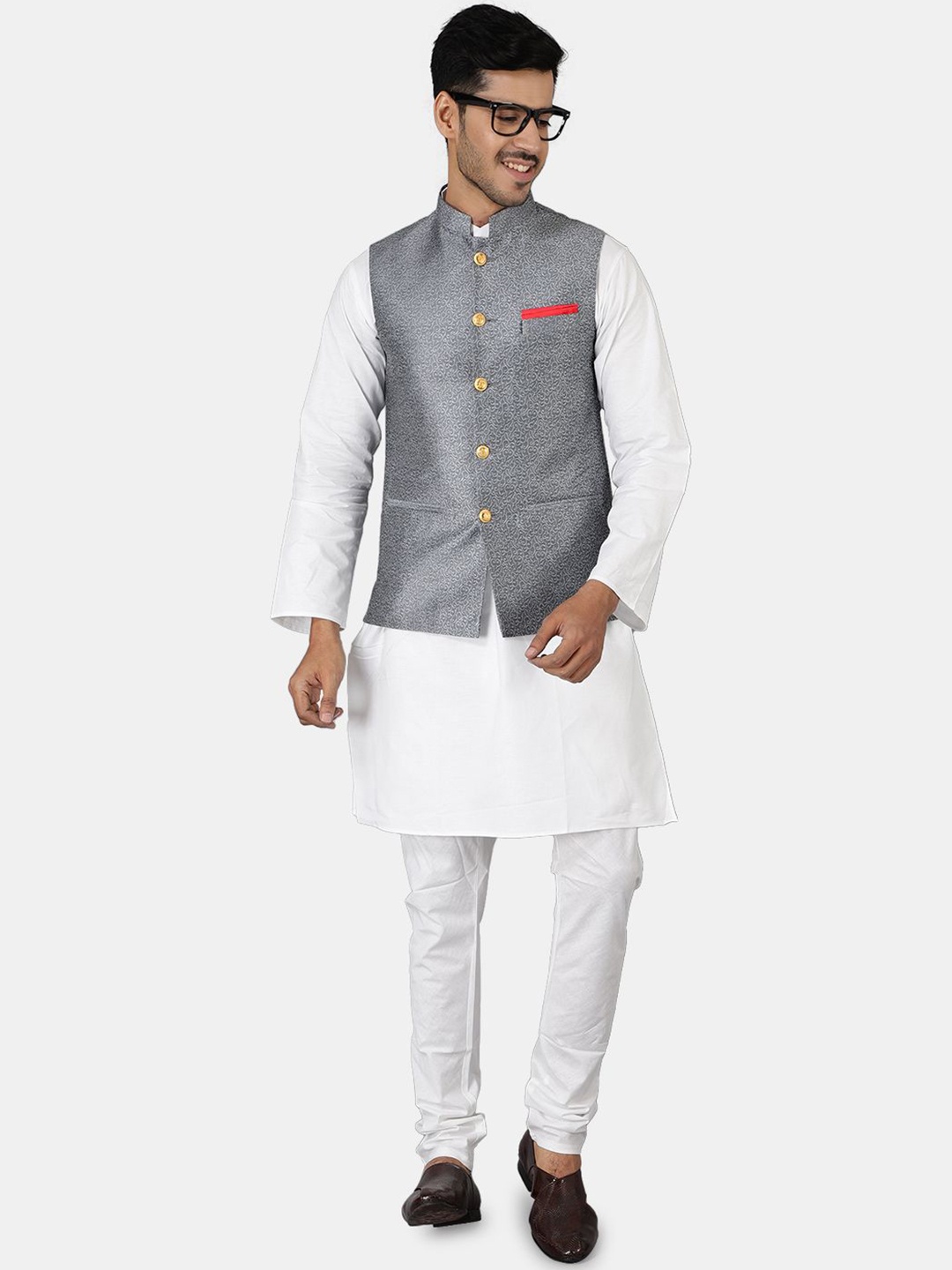 

Wintage Mandarin Collar White Romance Straight Kurta with Pyjamas & Nehru Jacket