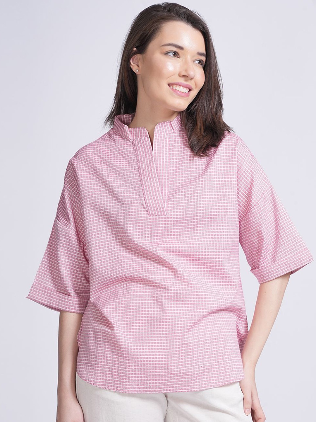 

Saltpetre Mandarin Collar Checked Top & Trousers Co-Ords, Pink