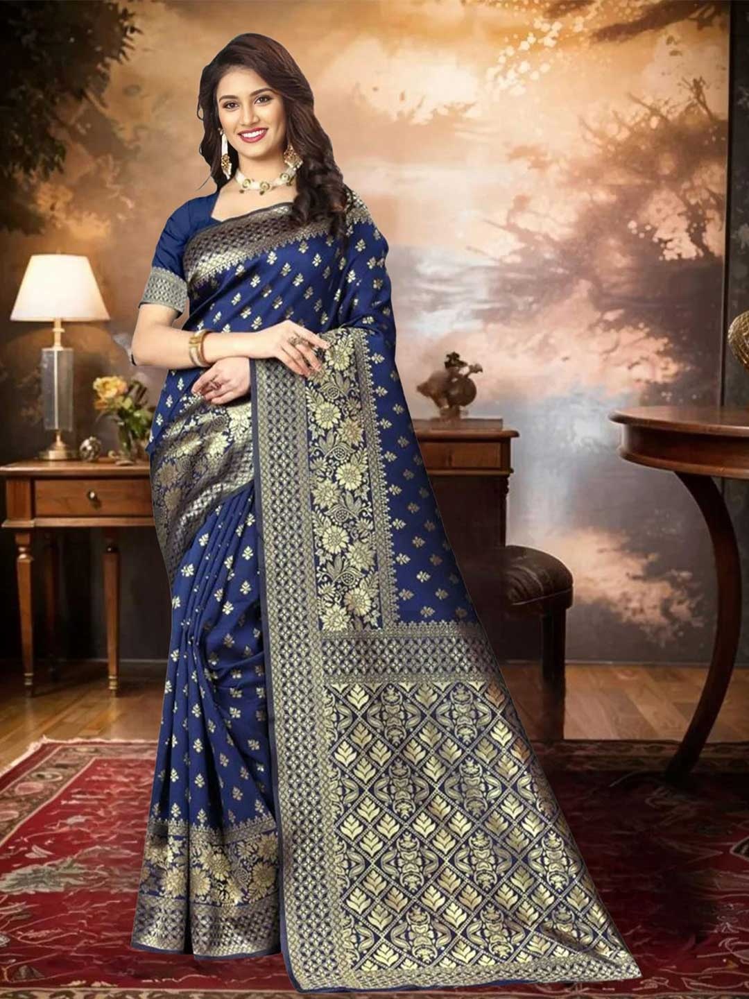 

KALINI Ethnic Motifs Zari Banarasi Saree, Blue