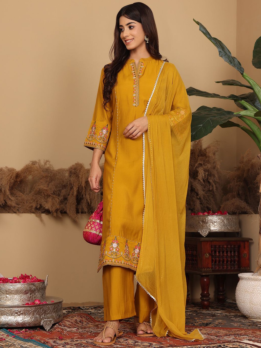 

Varanga Floral Embroidered Panelled Straight Kurta With Trouser With Dupatta, Yellow