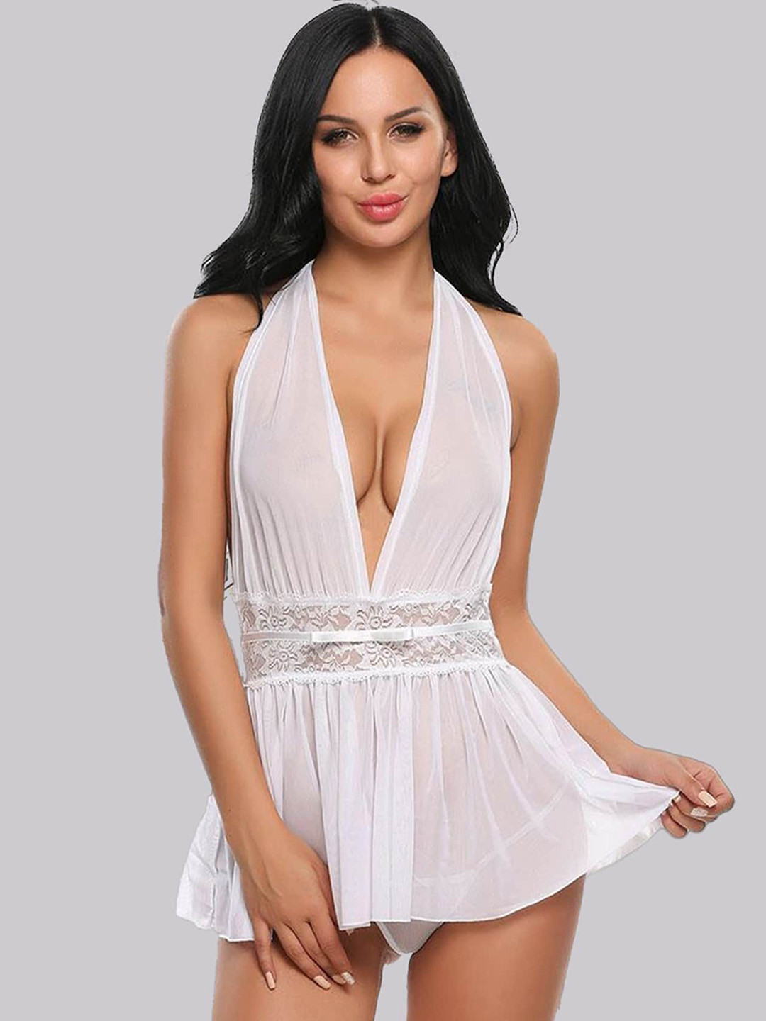 

BILLEBON Women Self Design Net Halter Neck Baby Doll, White