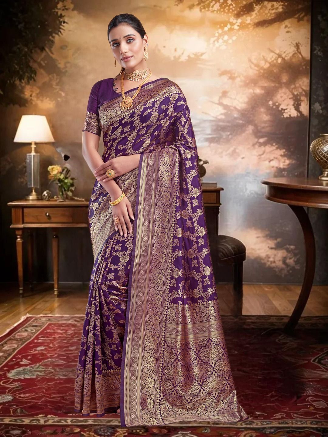 

KALINI Ethnic Motifs Zari Pure Silk Banarasi Saree, Purple